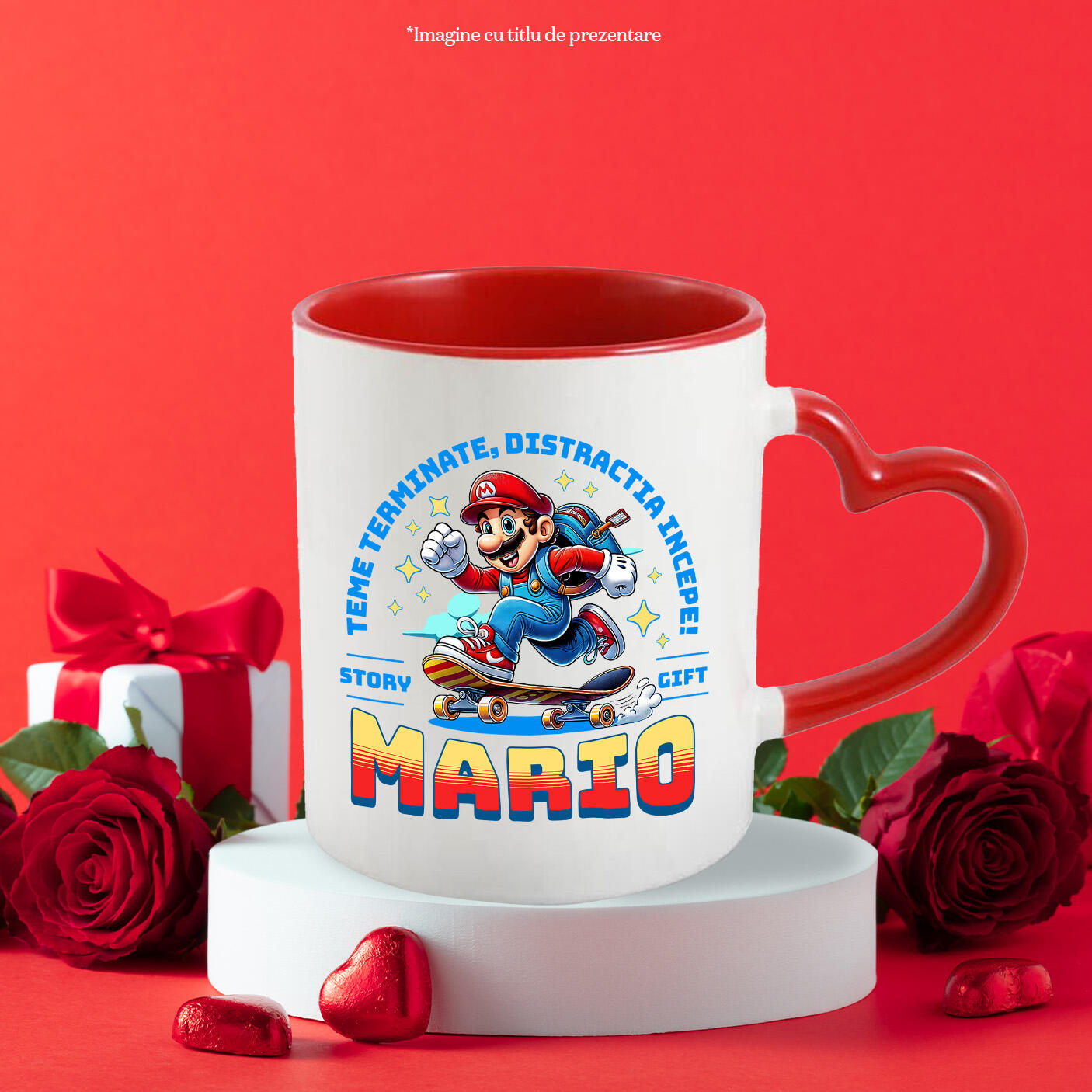 Cana Cu Zboara pe Strazi cu Sonic Skateboard Ceramica, 330ML, cu Maner Inima Rosie [2]