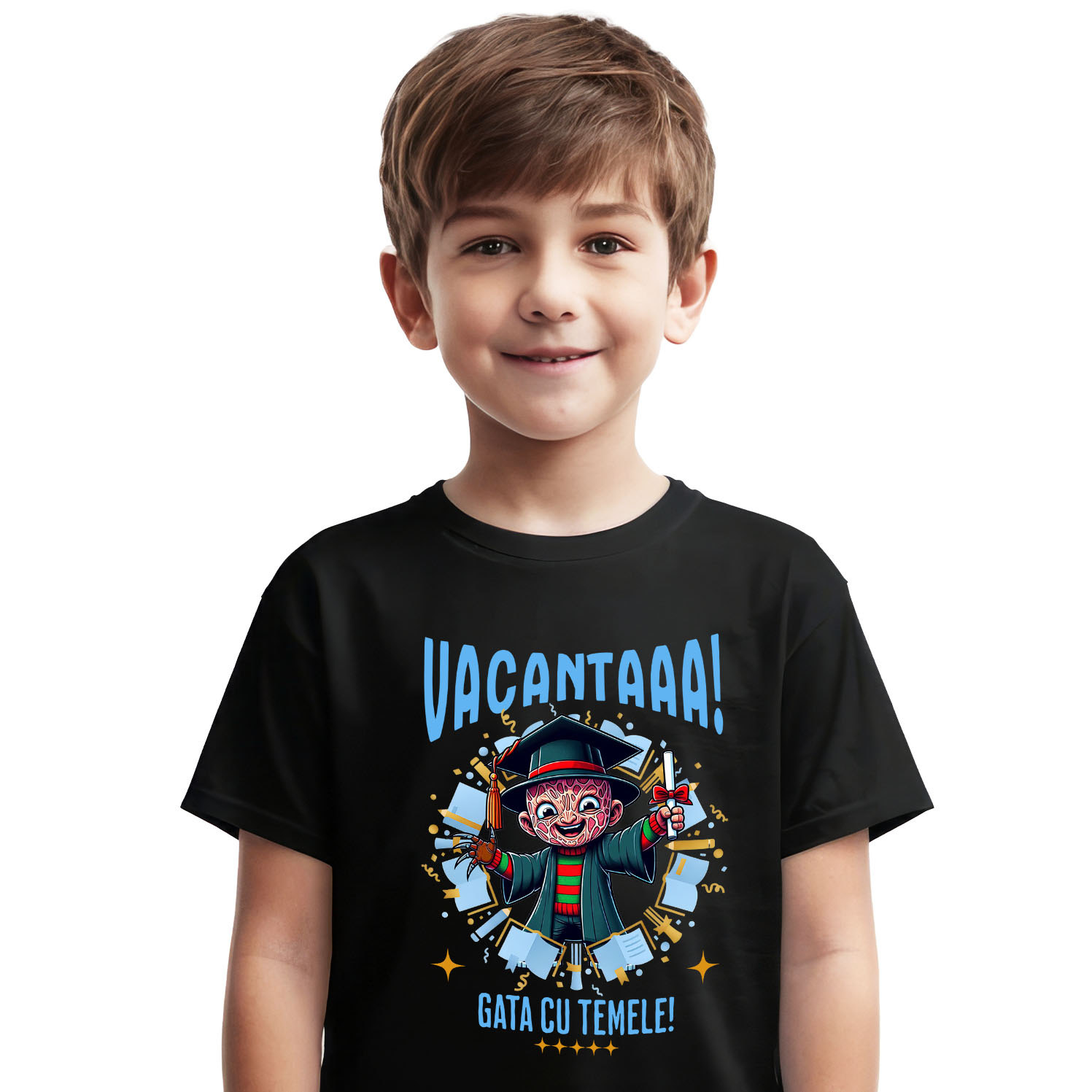 Educatie - Tricou Copii cu Freddy Krueger si Aventurile Diplomei de Vacanta 100% Bumbac, Negru, 8 Ani