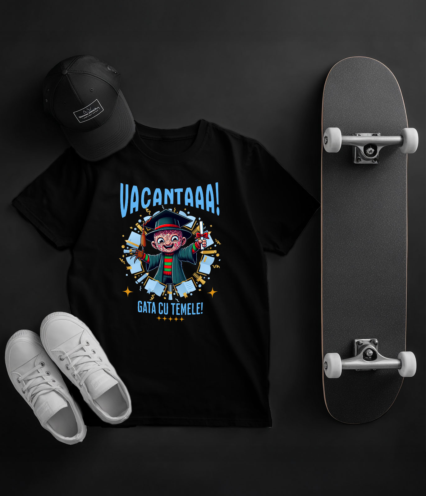 Tricou Copii cu Freddy Krueger si Aventurile Diplomei de Vacanta 100% Bumbac, Negru, 8 Ani [4]