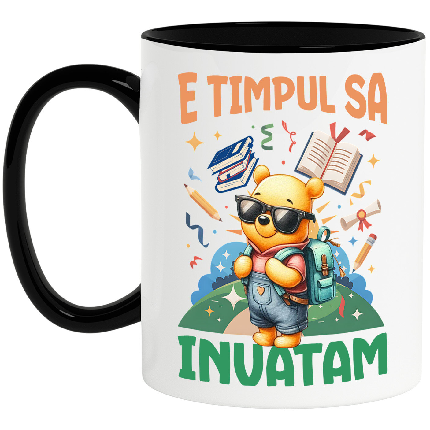 Educatie - Cana Cu Învățăm Cu Zâmbetul Lui Winnie Ceramica, 330ML, cu Maner Negru