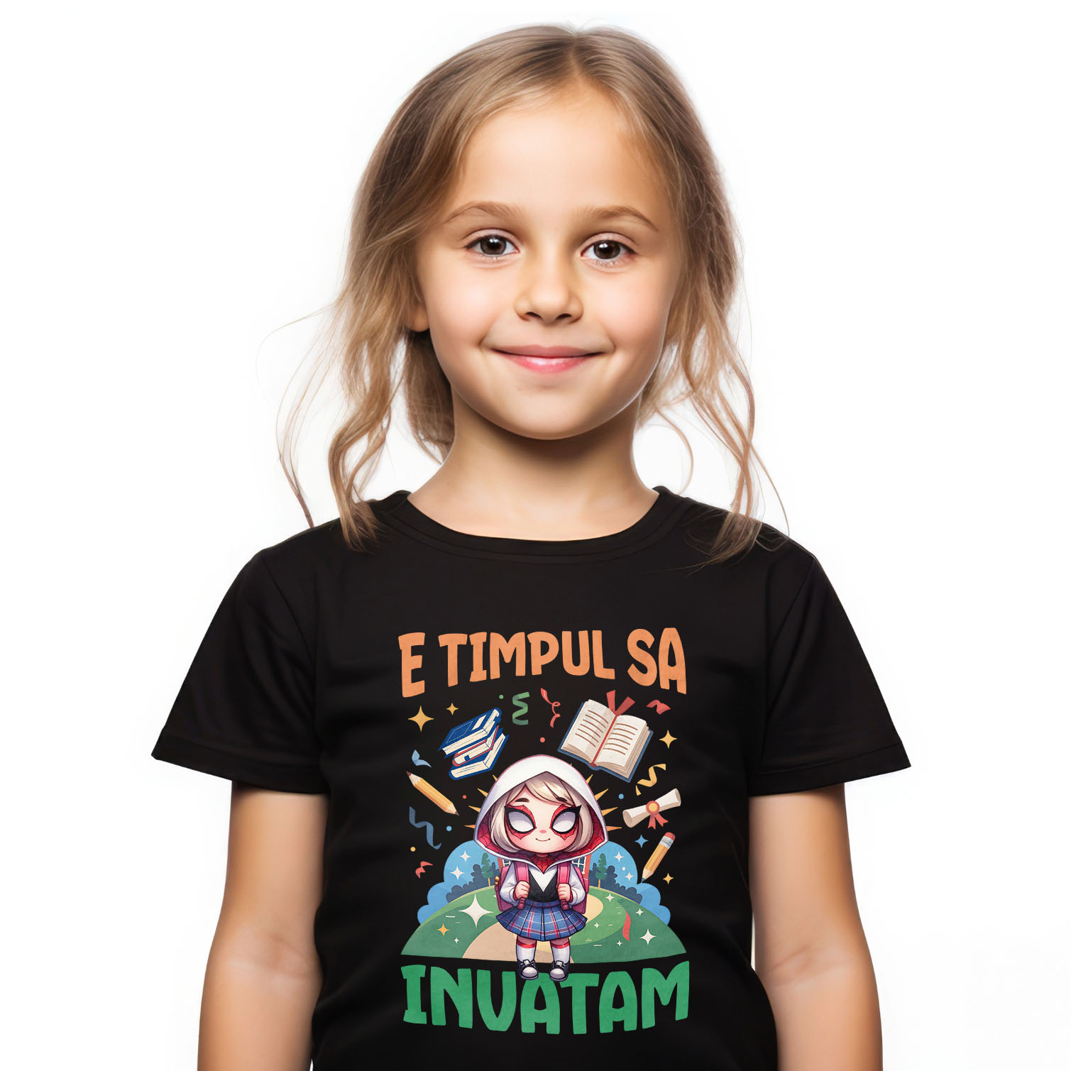 Educatie - Tricou Copii cu Spide-Gwen: Incepem Sa Invatam Cu Puterea Supereroilor 100% Bumbac, Negru, 10 Ani