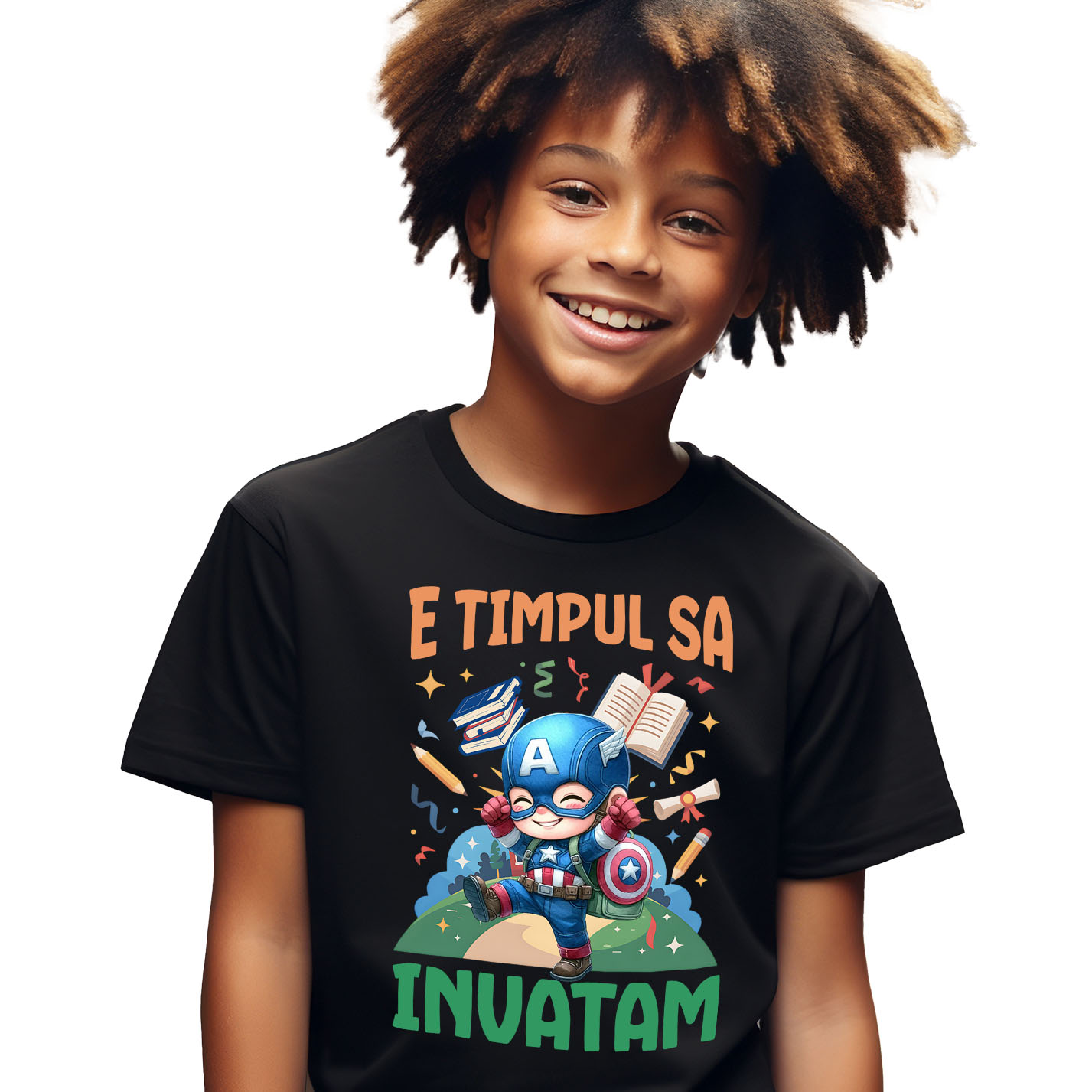Educatie - Tricou Copii cu Captain America: Primele Lecții 100% Bumbac, Negru, 10 Ani