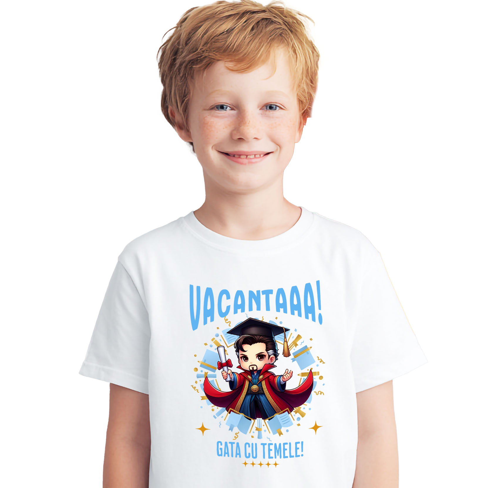 Educatie - Tricou Copii cu Doctor Strange Sub Soare: Magie si Diplome 100% Bumbac, Alb, 10 Ani