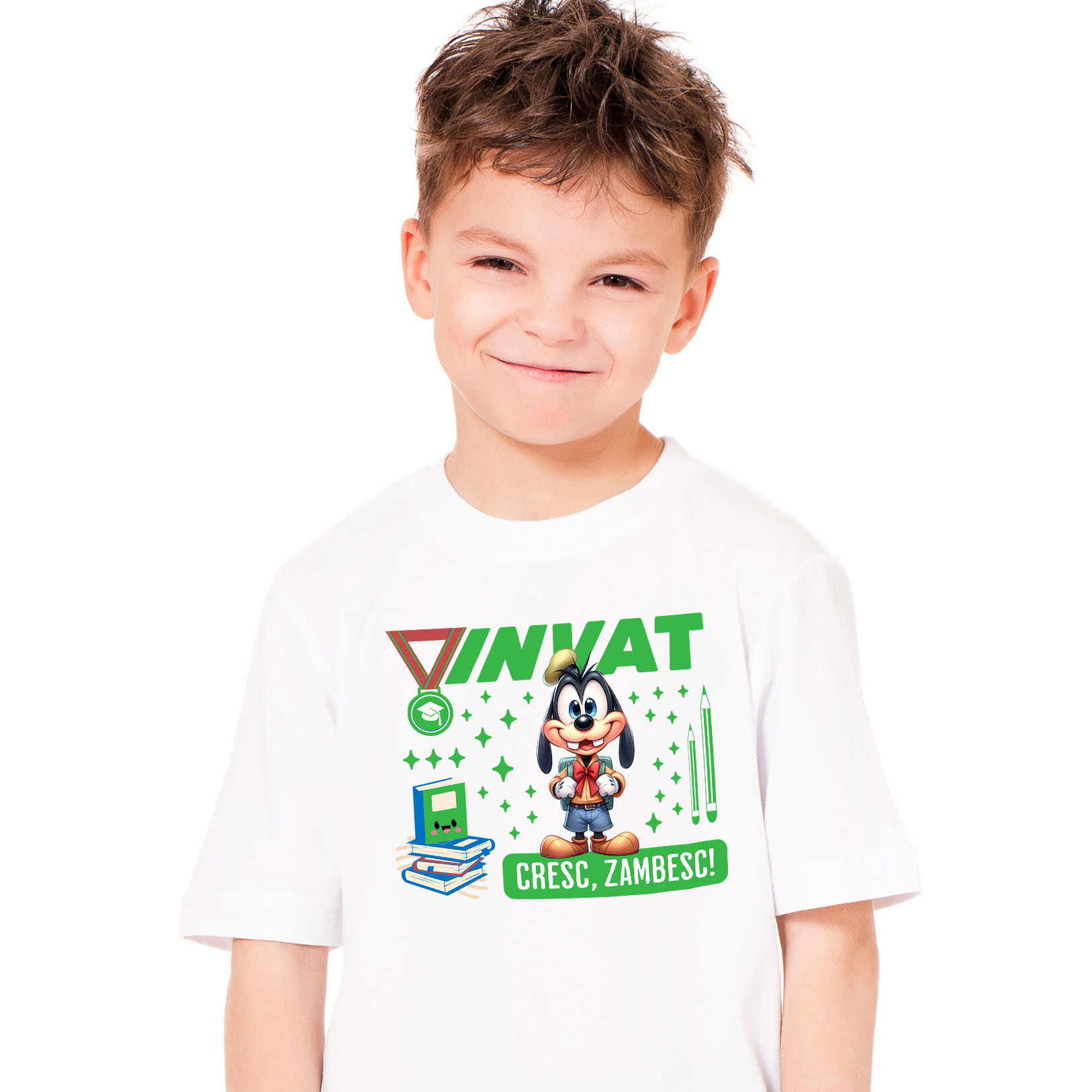 Educatie - Tricou Copii cu Invat si Cresc cu Pluto 100% Bumbac, Alb, 8 Ani