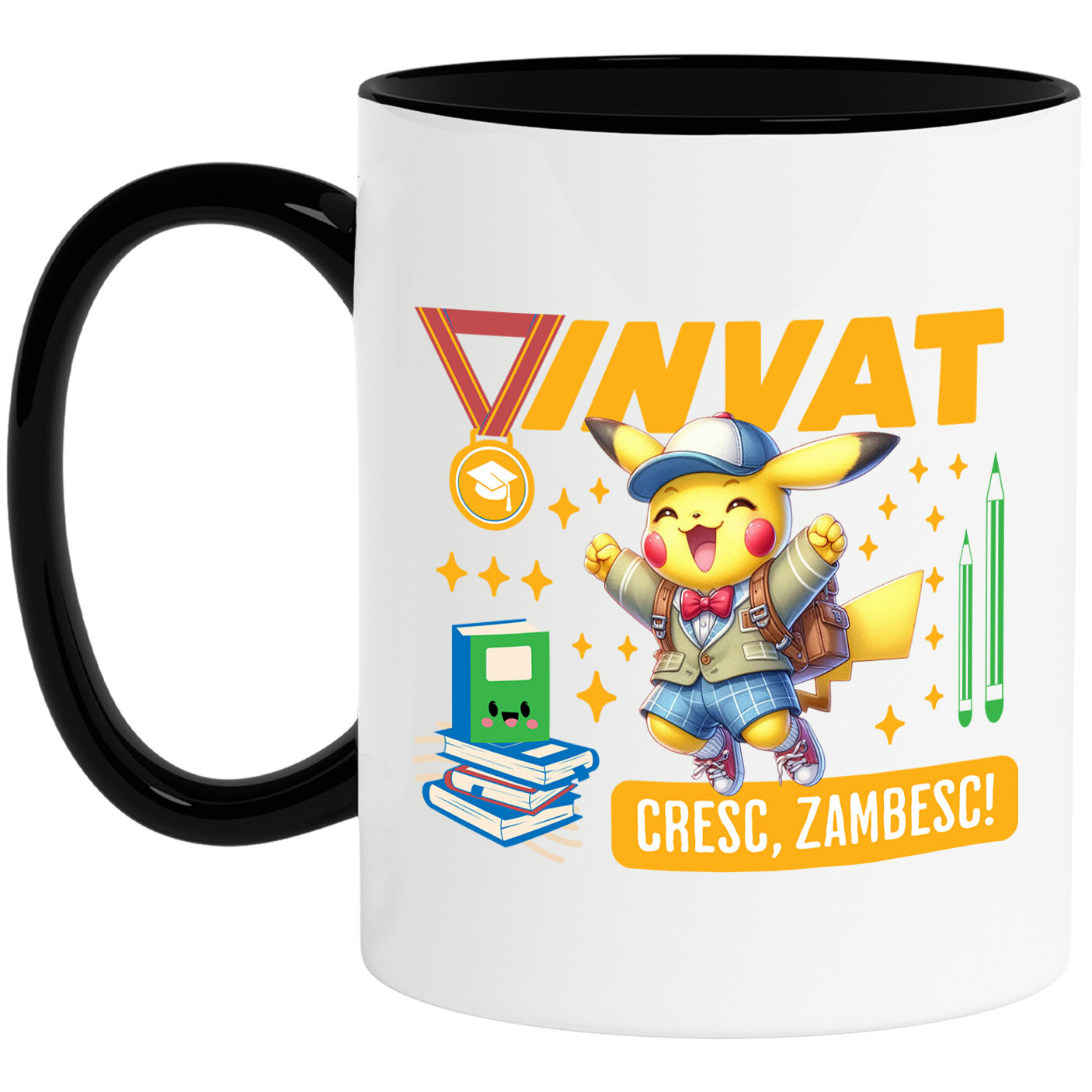 Educatie - Cana Cu Pikachu – Cresc Invatand Zi de Zi Ceramica, 330ML, cu Maner Negru
