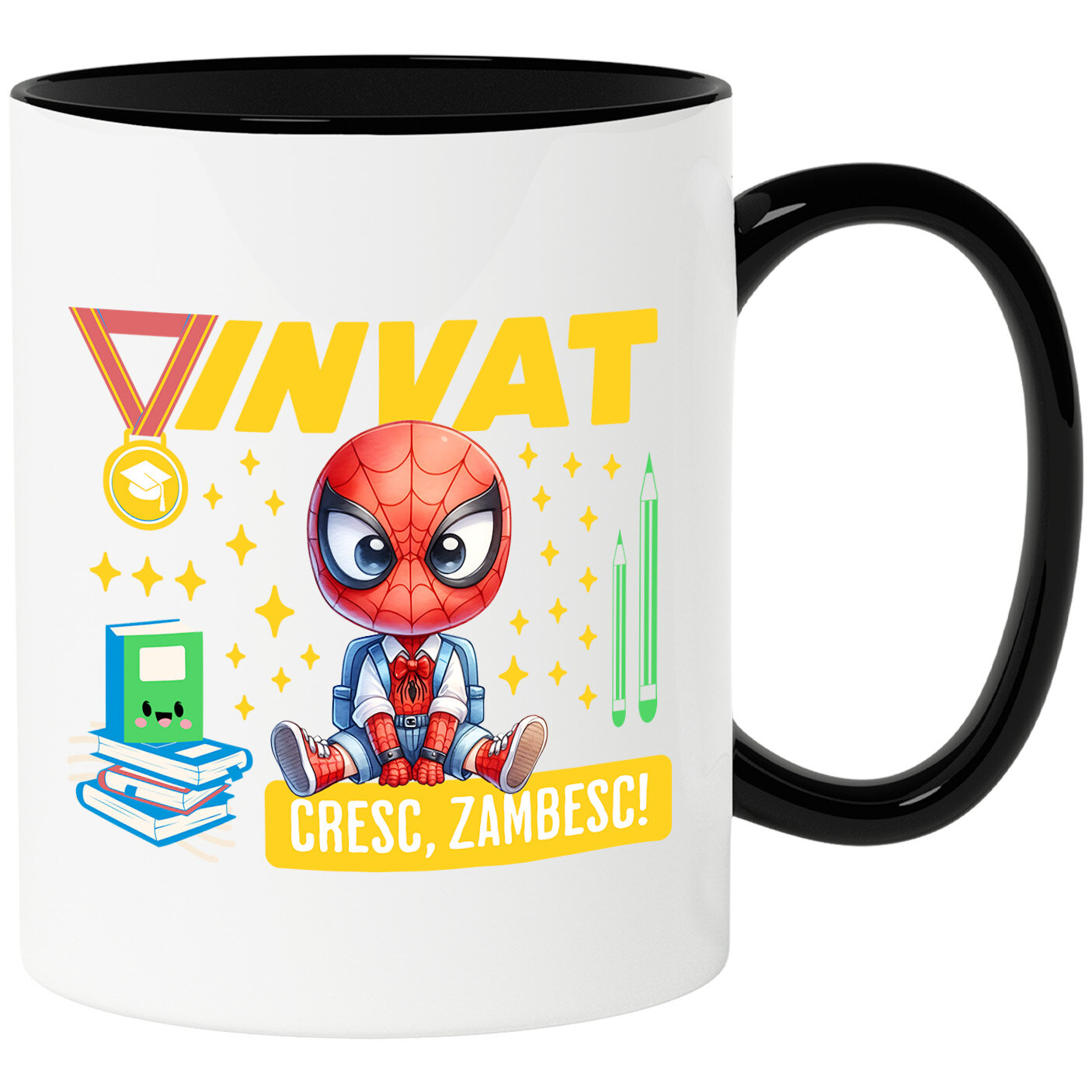 SuperEroi si Personaje TV - Cana Cu Invatare Vesela cu Spiderman Ceramica, 330ML, cu Maner Negru