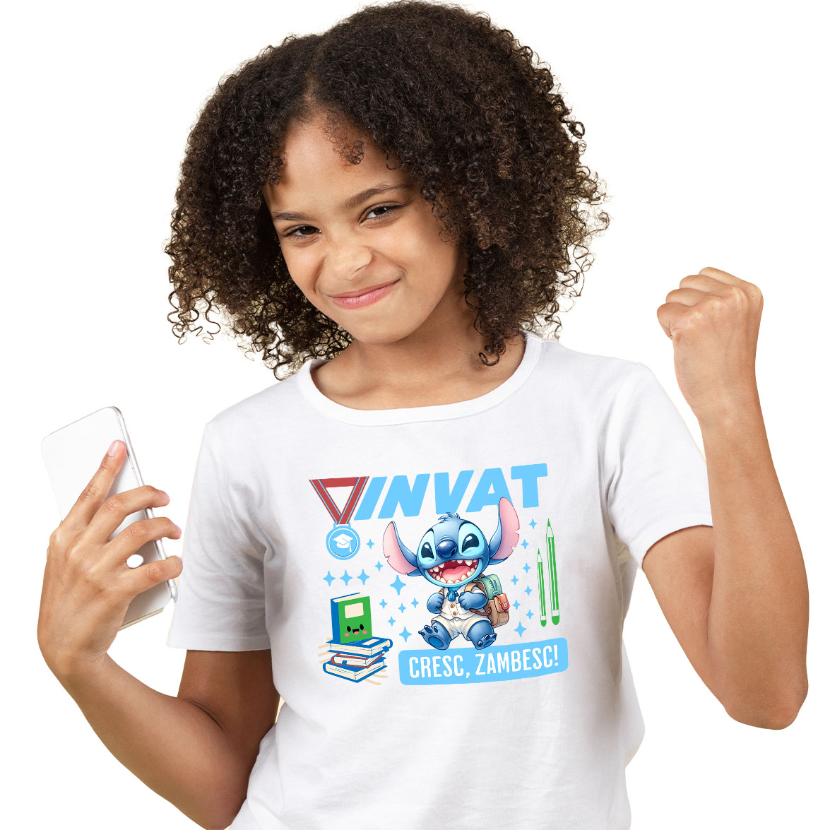 Educatie - Tricou Copii cu Stitch – Invata, Creste, Zambeste 100% Bumbac, Alb, 6 Ani