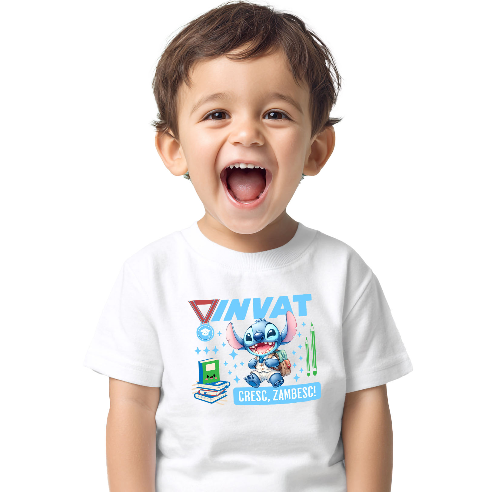 Tricou Copii cu Stitch – Invata, Creste, Zambeste 100% Bumbac, Alb, 6 Ani [1]