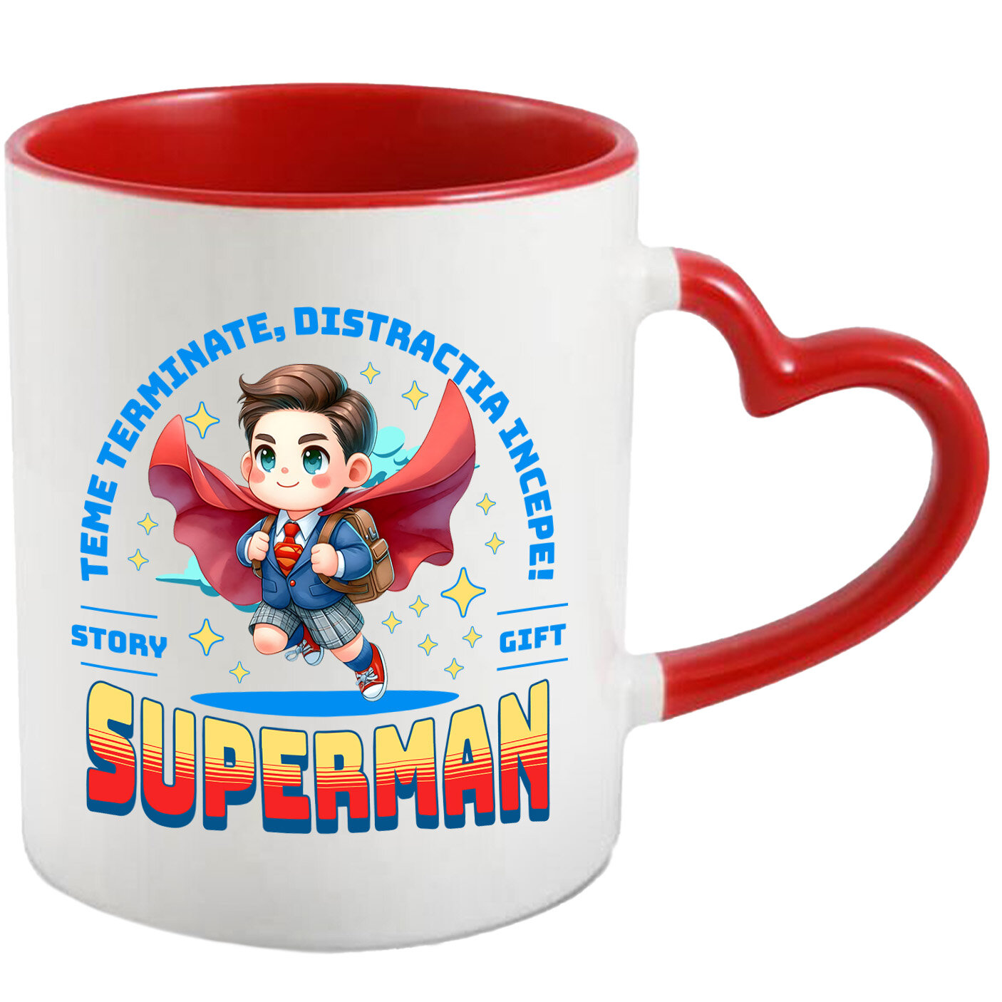 Desene Animate - Cana Cu Cresc Invatand cu Superman Ceramica, 330ML, cu Maner Inima Rosie