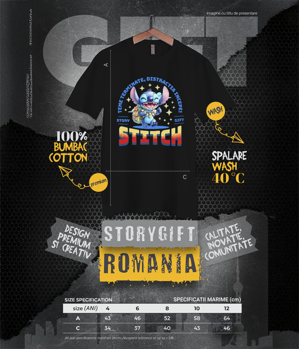 Tricou Copii cu Joaca si Invata cu Stitch 100% Bumbac, Negru, 12 Ani [5]