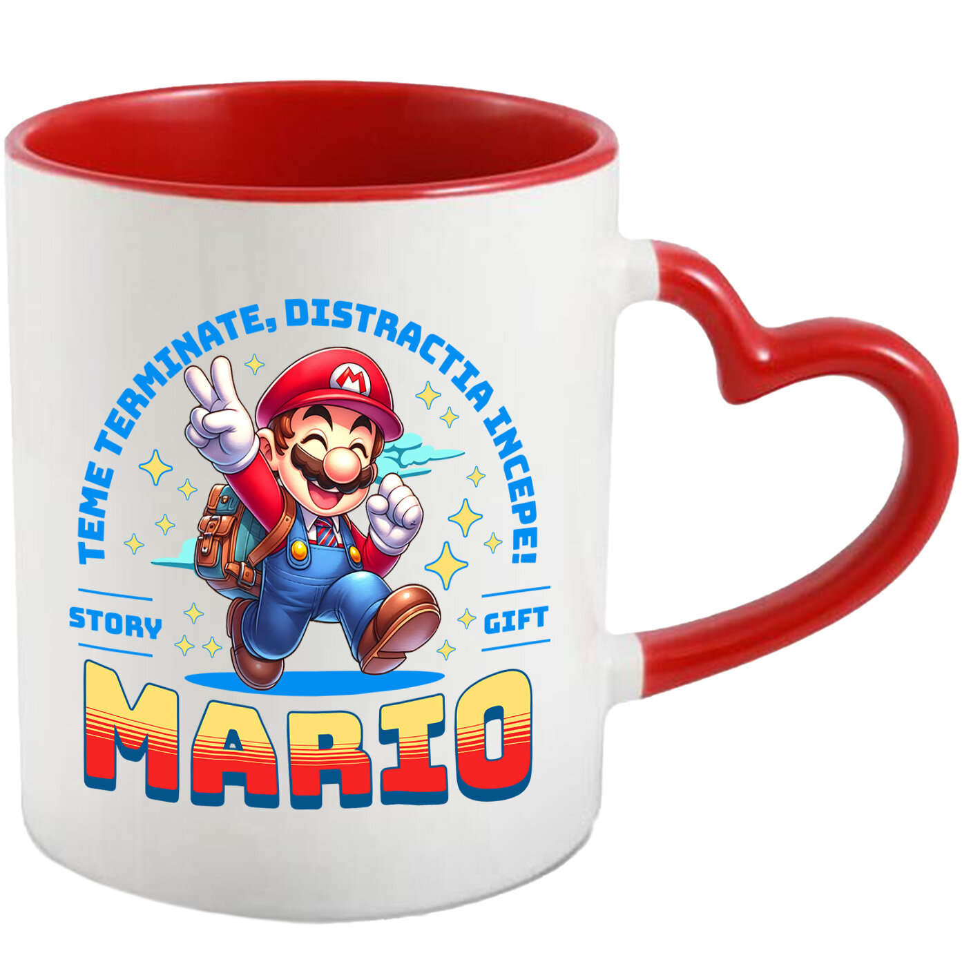 Desene Animate - Cana Cu Mario – Exploratorul Cunoasterii Ceramica, 330ML, cu Maner Inima Rosie