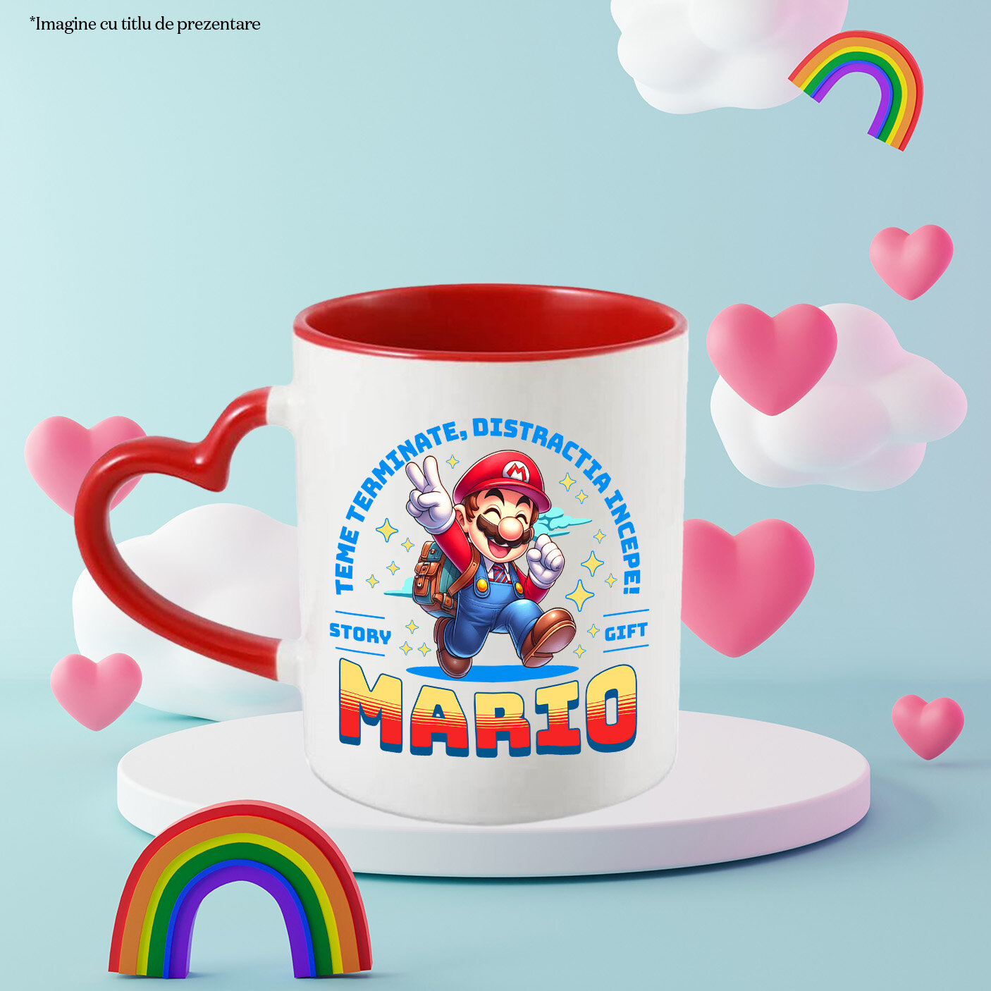 Cana Cu Mario – Exploratorul Cunoasterii Ceramica, 330ML, cu Maner Inima Rosie [2]