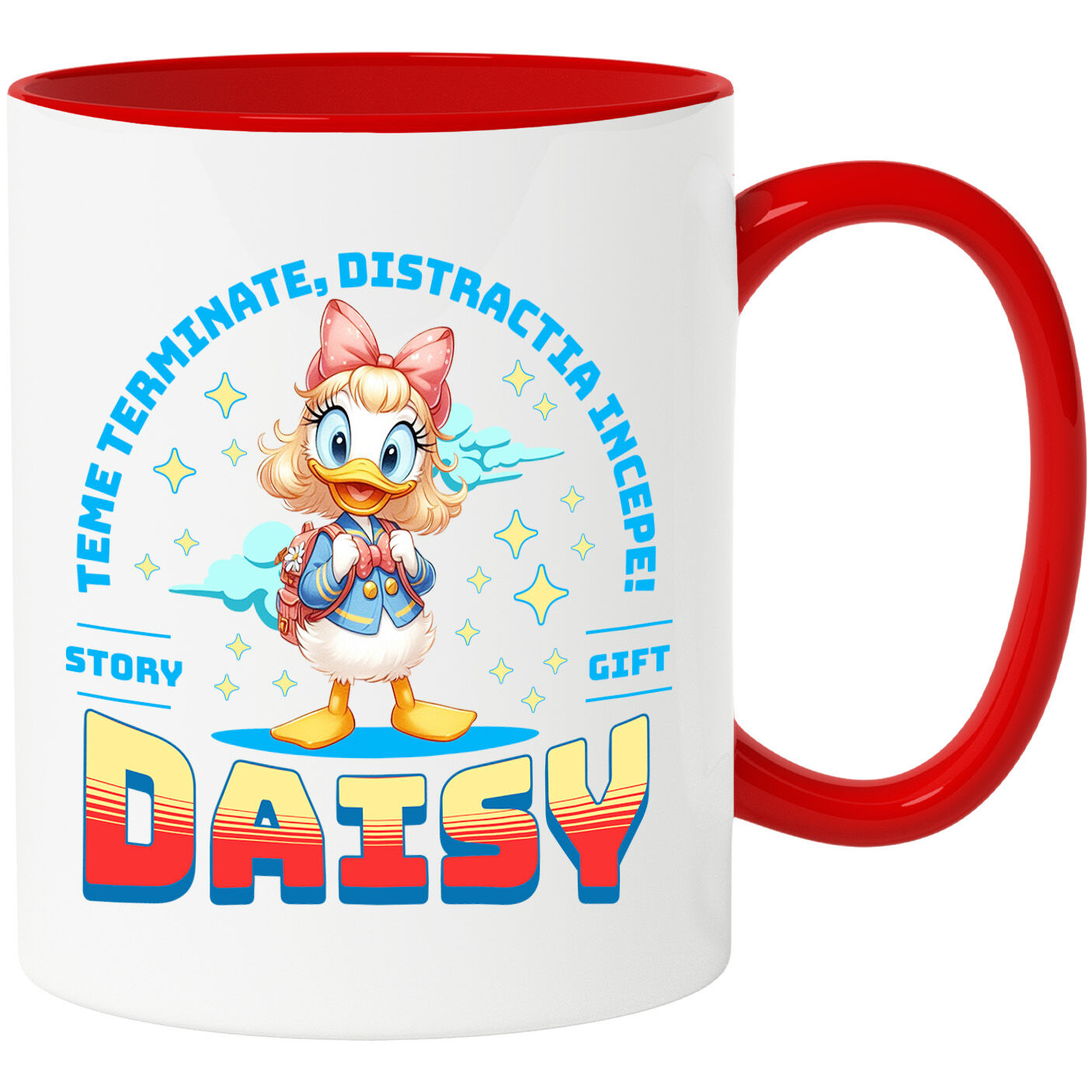 Desene Animate - Cana Cu Daisy – Lectii Gata, Distractie Pornita Ceramica, 330ML, cu Maner Rosu