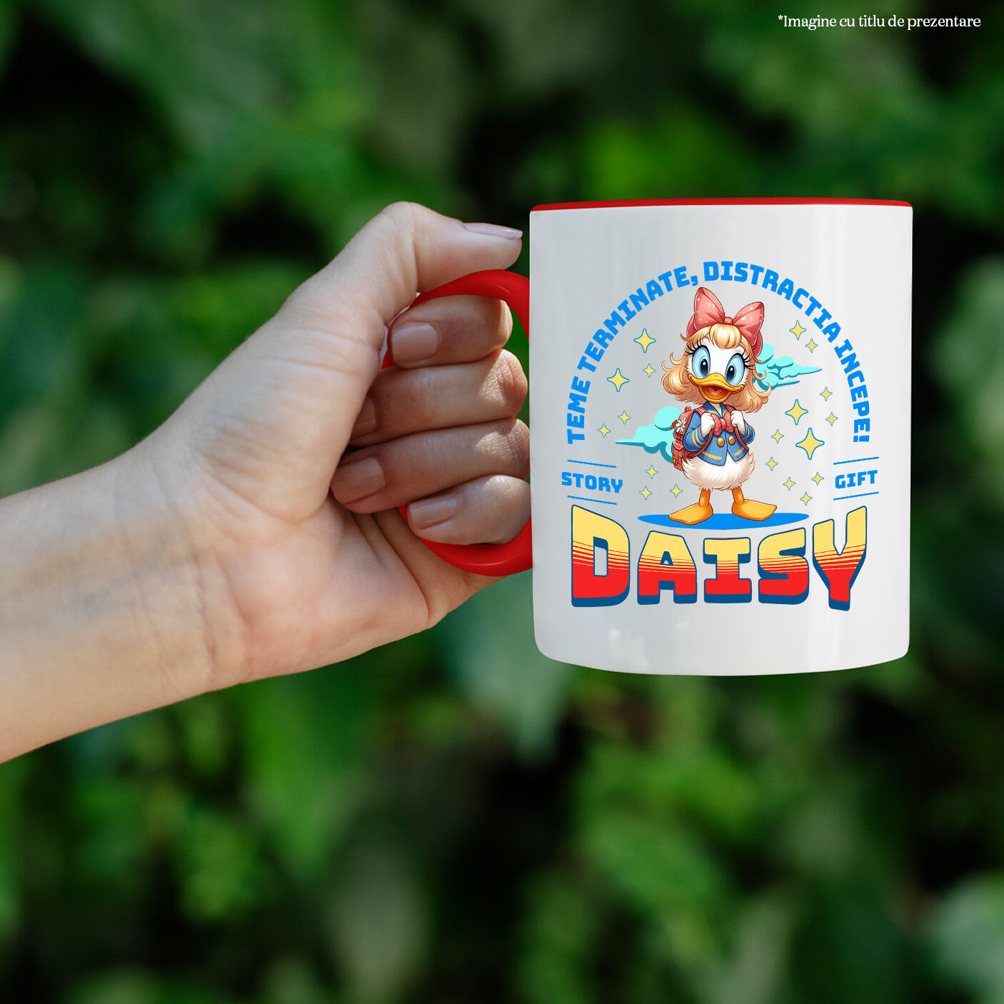 Cana Cu Daisy – Lectii Gata, Distractie Pornita Ceramica, 330ML, cu Maner Rosu [1]