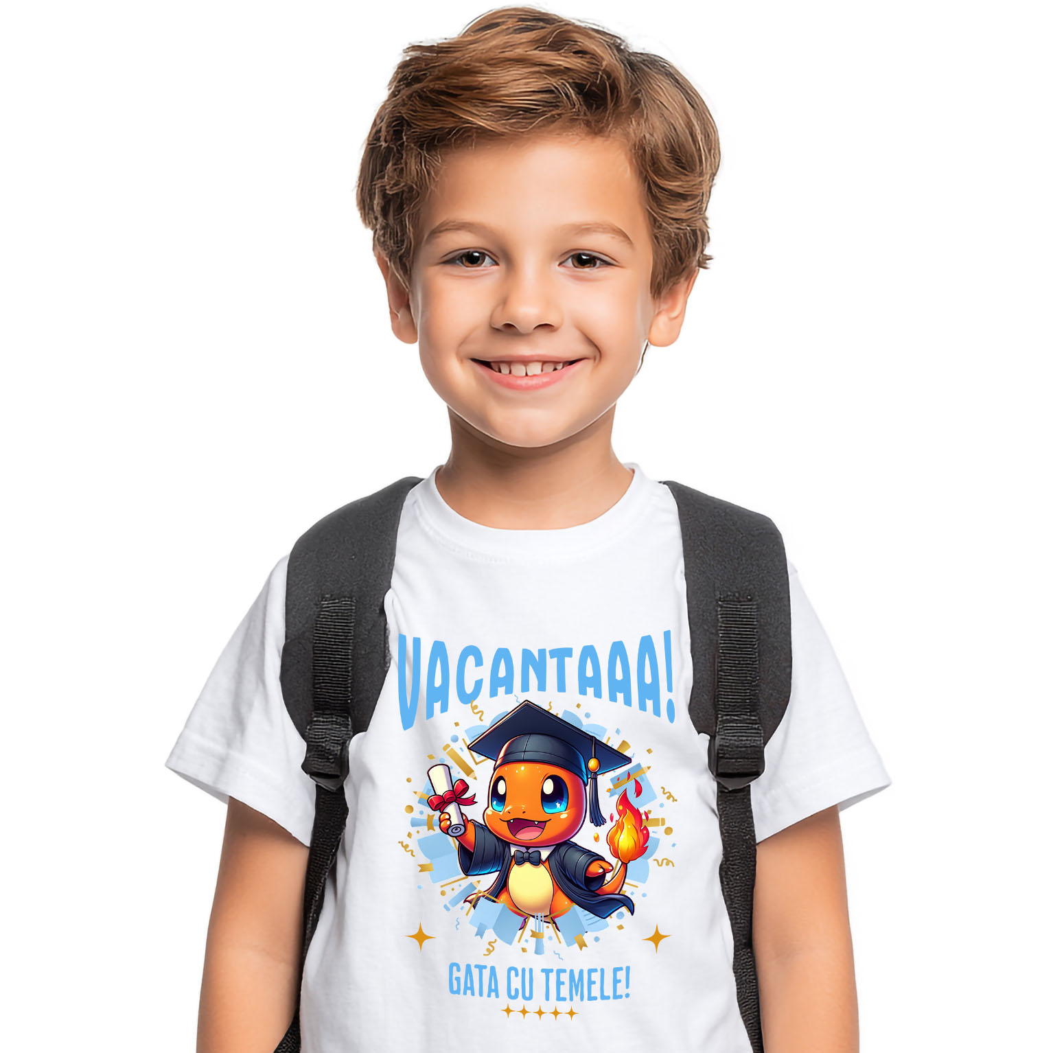 Educatie - Tricou Copii cu Zile Vesel de Vacanta cu Charmander si Diplome 100% Bumbac, Alb, 10 Ani