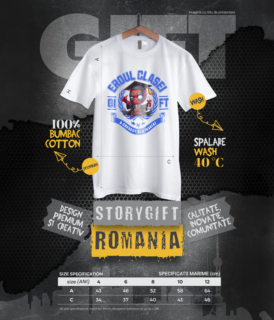 Tricou Copii cu  Deadpool – Curaj, Joaca, Cunoastere 100% Bumbac, Alb, 10 Ani [5]