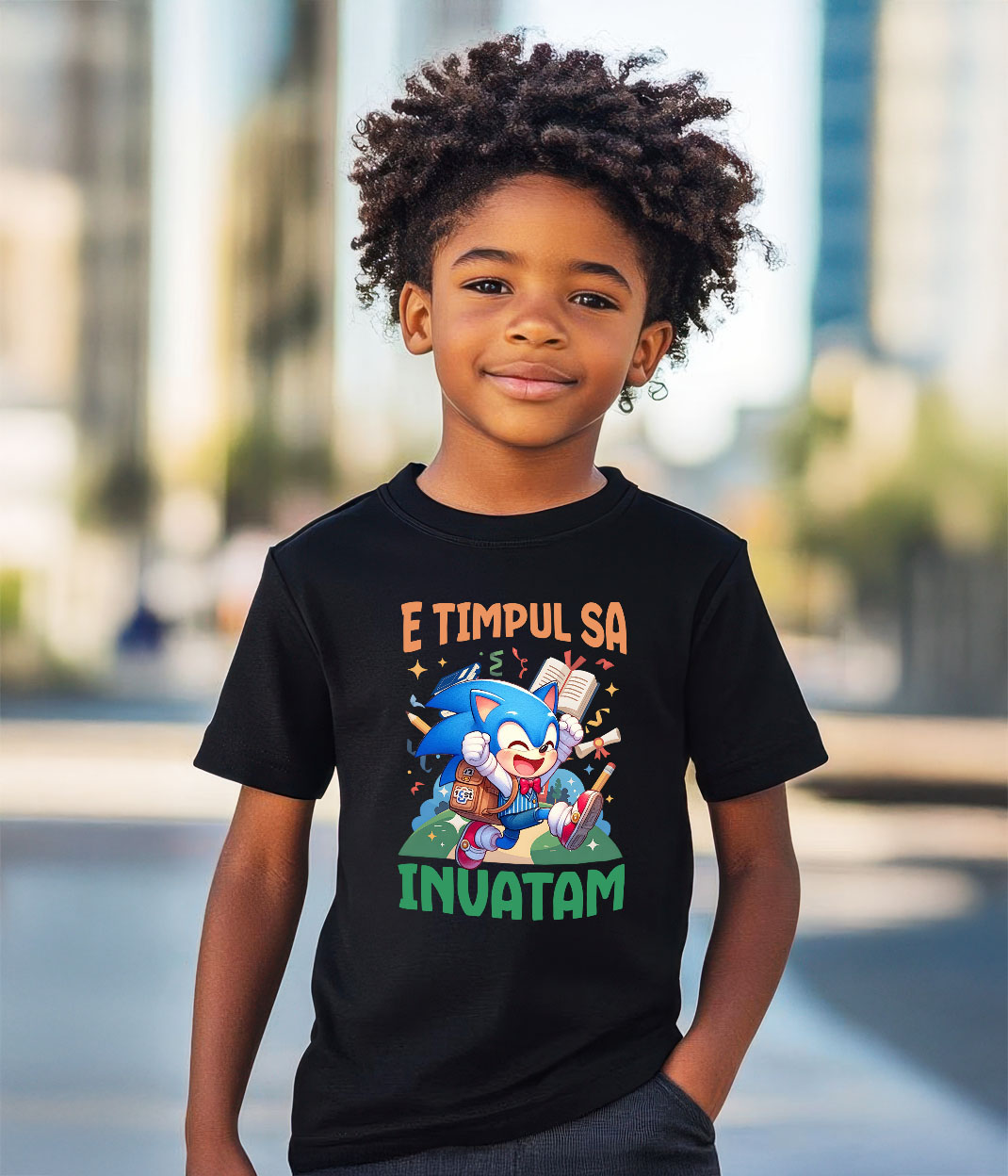 Tricou Copii cu Sonic si Magia Invatarei Vesel 100% Bumbac, Negru, 12 Ani [2]