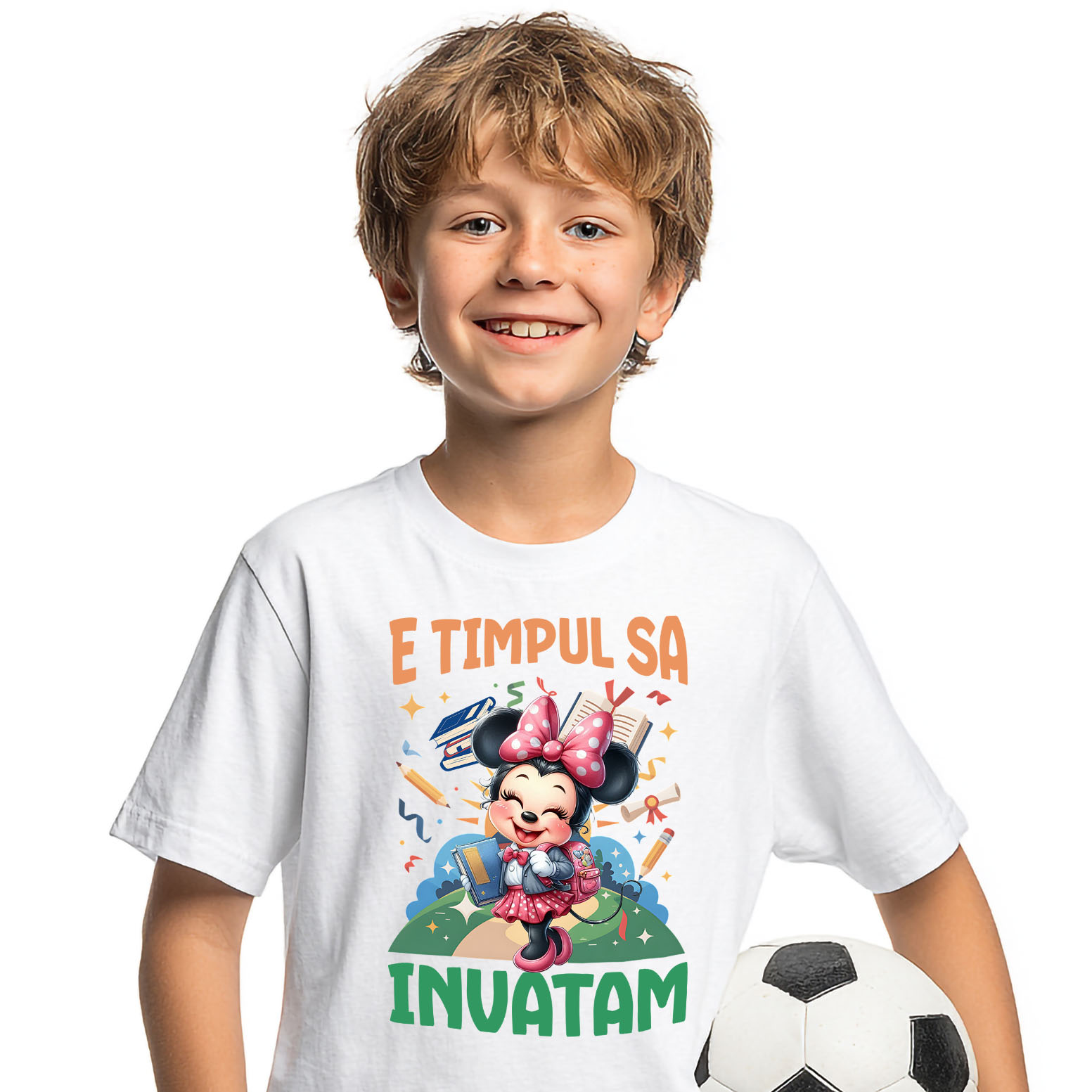 Educatie - Tricou Copii cu Zambete si Descoperiri cu Minnie Mouse 100% Bumbac, Alb, 10 Ani