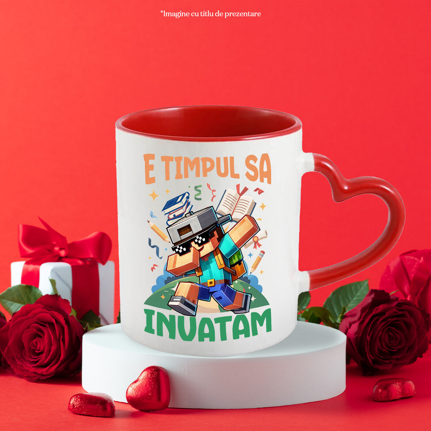 Cana Cu Veselie si Creativitate cu Minecraft Ceramica, 330ML, cu Maner Inima Rosie [2]