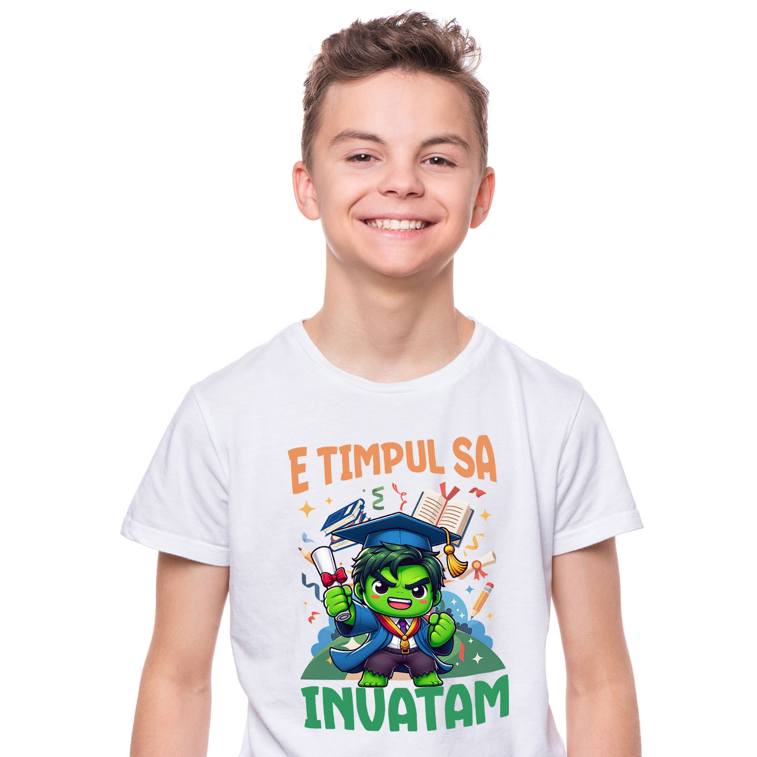 Educatie - Tricou Copii cu Hulk: Invata si Zambeste in Aventuri Superputernice 100% Bumbac, Alb, 10 Ani