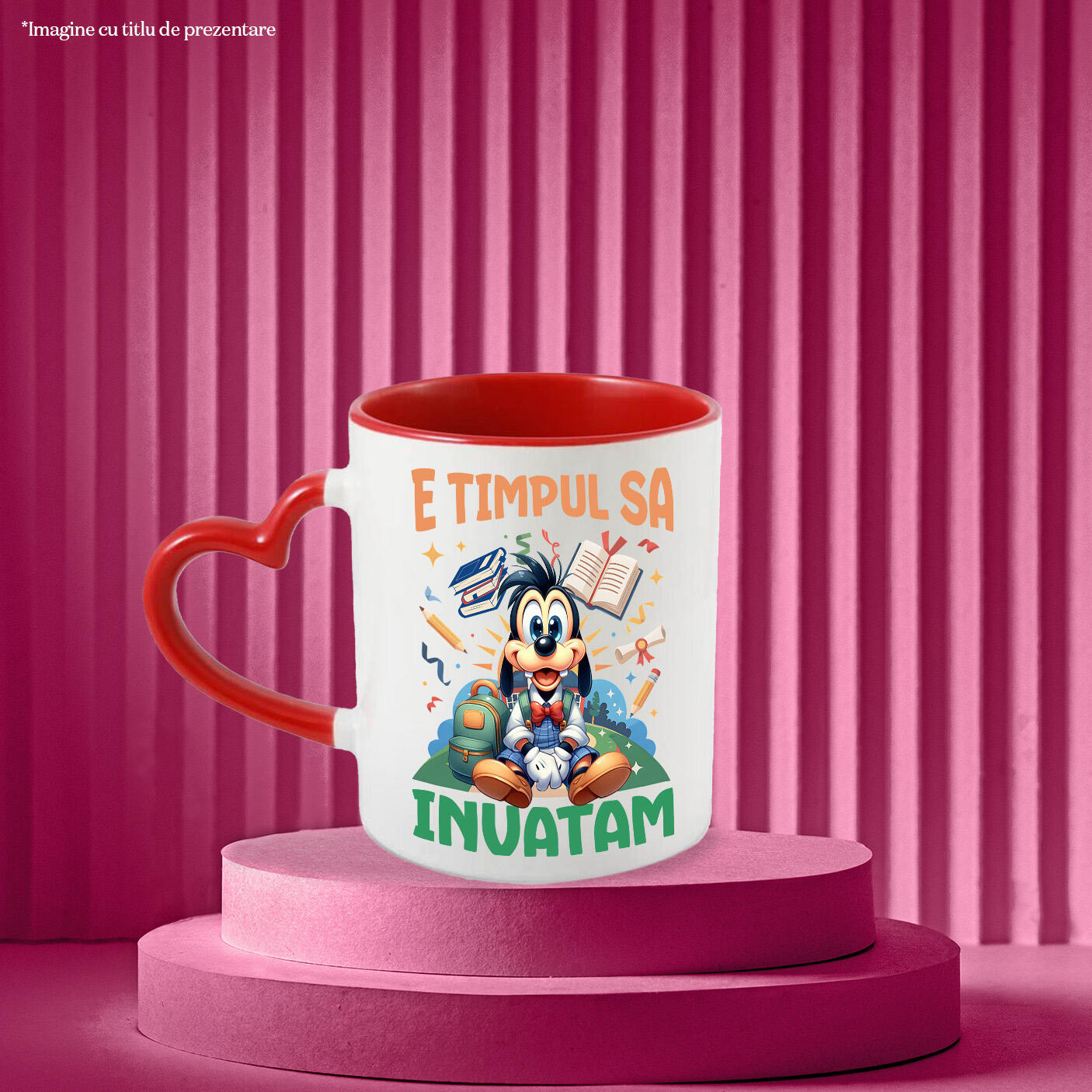 Cana Cu Explorari si Zambete cu Pluto Ceramica, 330ML, cu Maner Inima Rosie [1]