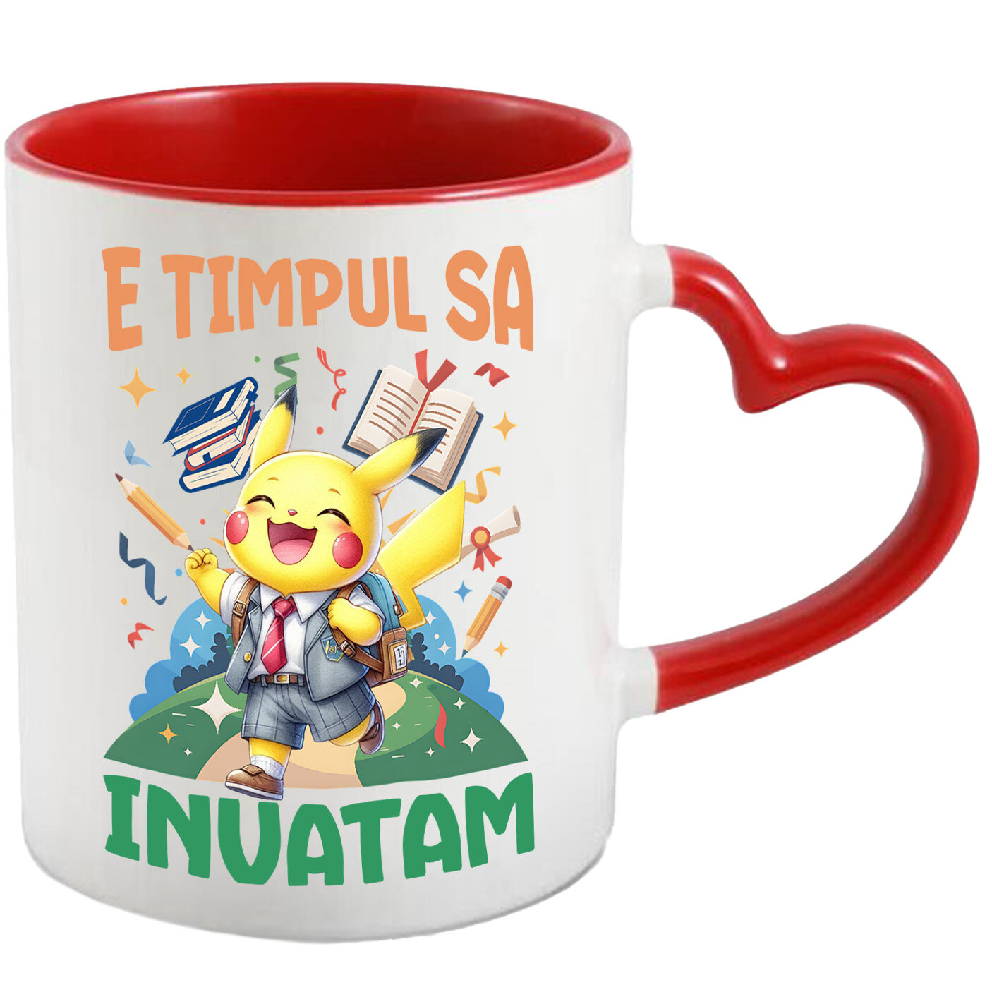 Educatie - Cana Cu Pikachu Si Lecțiile Zambetului Ceramica, 330ML, cu Maner Inima Rosie