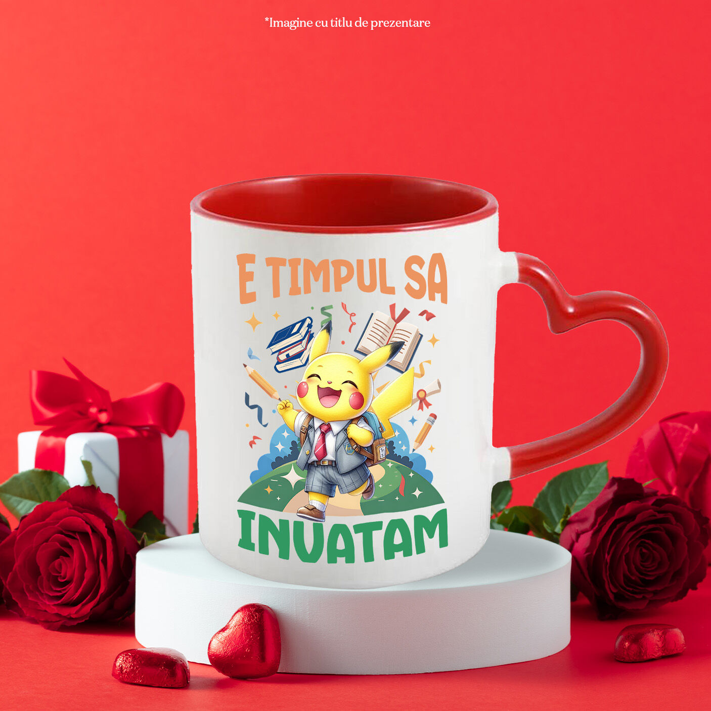 Cana Cu Pikachu Si Lecțiile Zambetului Ceramica, 330ML, cu Maner Inima Rosie [2]