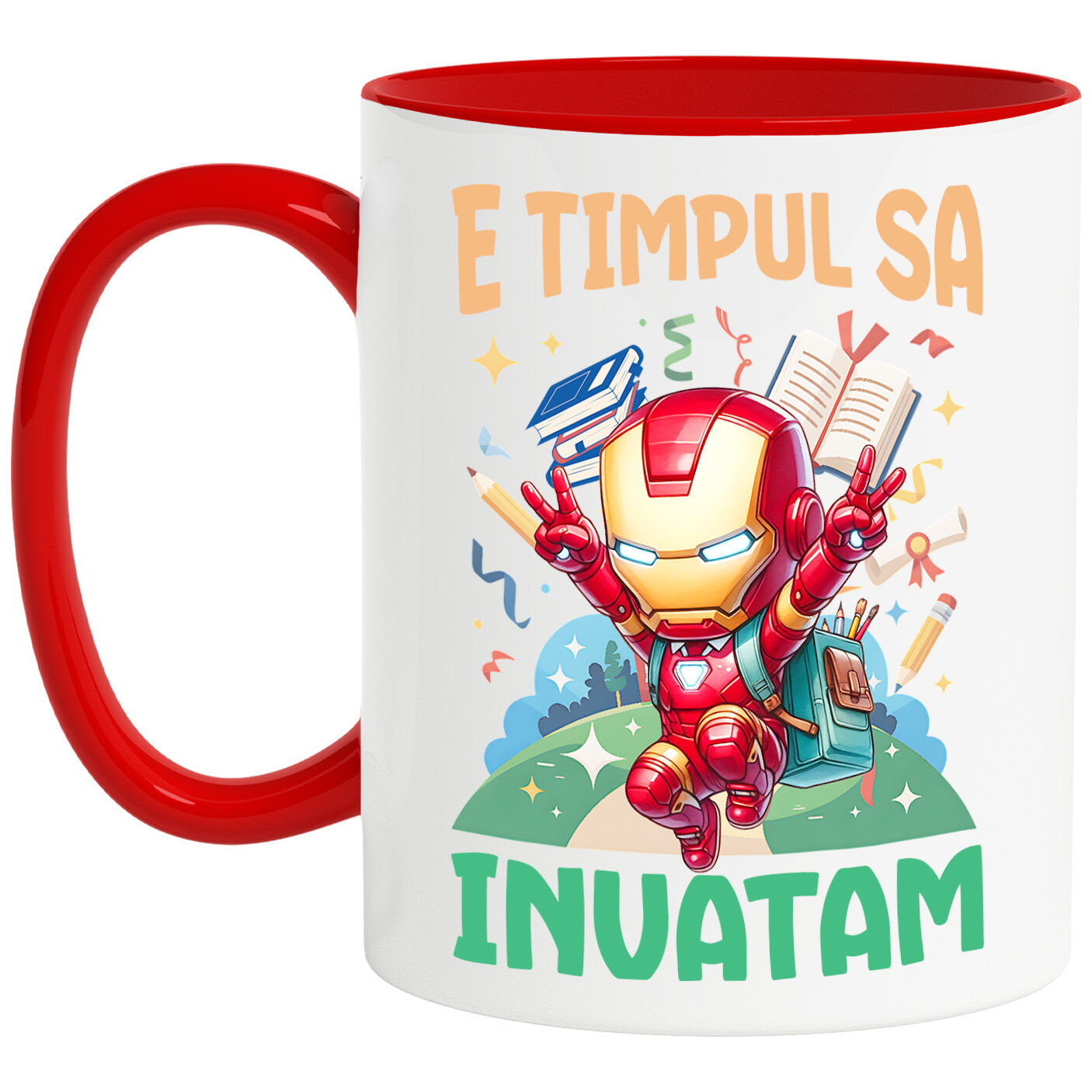 Educatie - Cana Cu Iron Man: Curaj, Invataturi Si Zambete Ceramica, 330ML, cu Maner Rosu