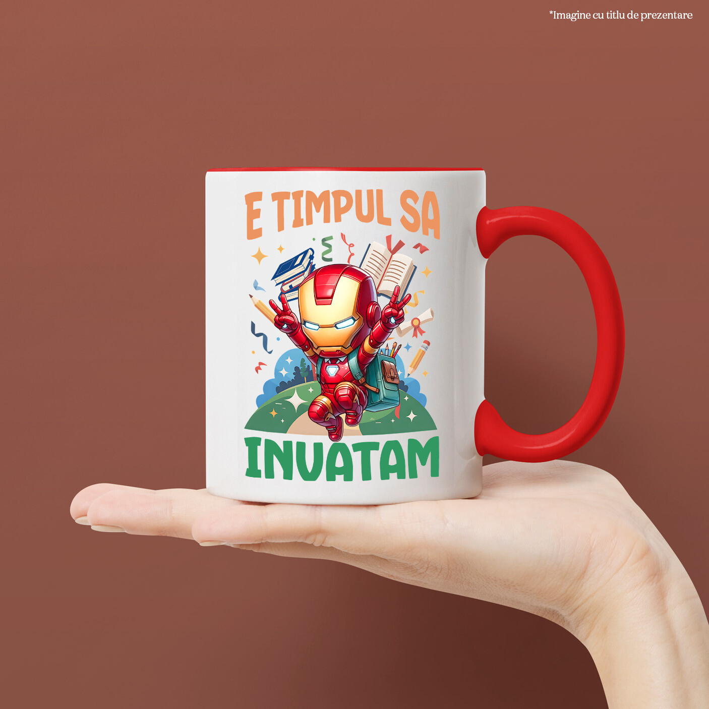 Cana Cu Iron Man: Curaj, Invataturi Si Zambete Ceramica, 330ML, cu Maner Rosu [1]