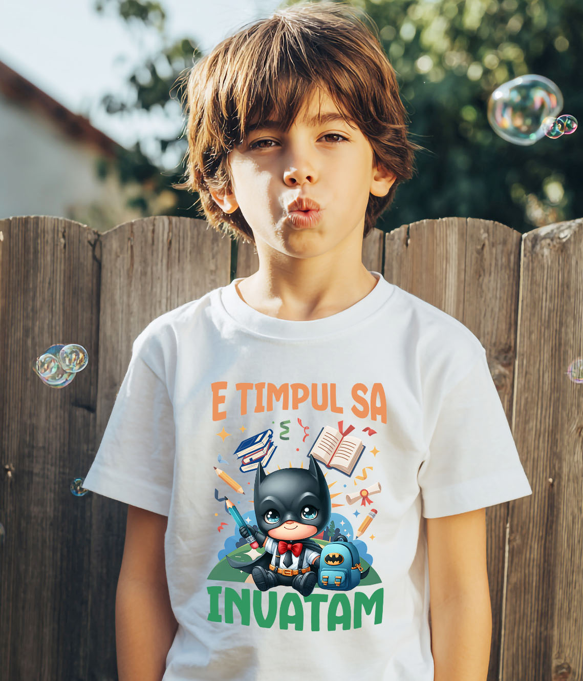 Tricou Copii cu Invata Si Zambeste Cu Batman 100% Bumbac, Alb, 10 Ani [2]