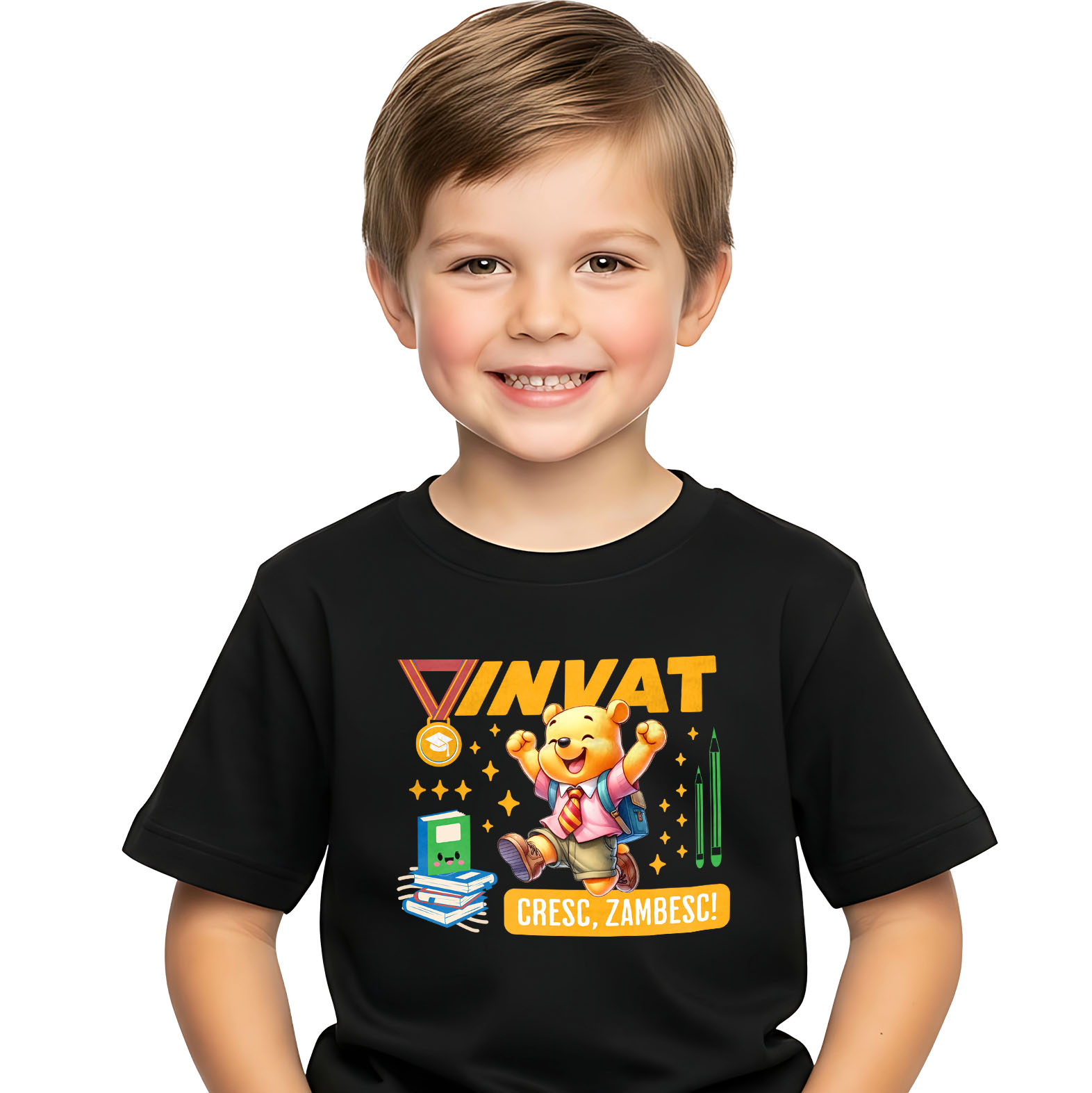 Educatie - Tricou Copii cu Winnie: Descoperim, Zambim Si Ne Dezvoltam 100% Bumbac, Negru, 10 Ani