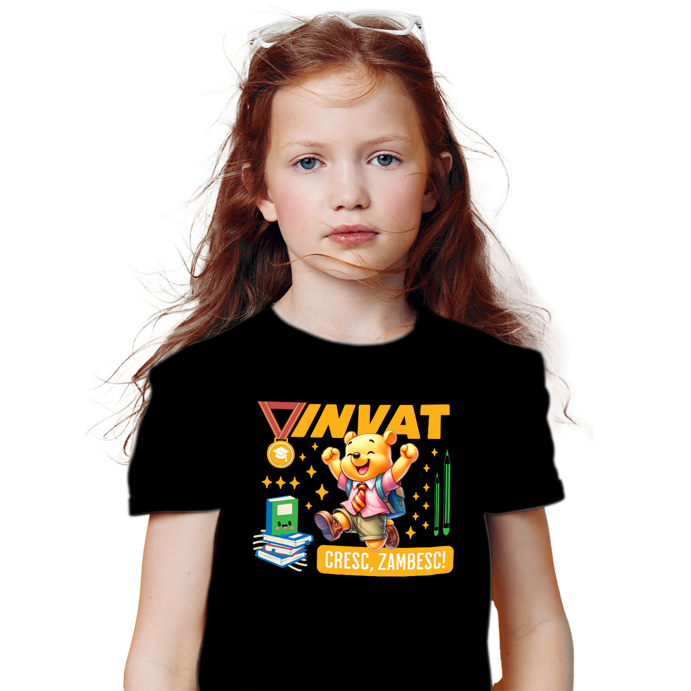 Tricou Copii cu Winnie: Descoperim, Zambim Si Ne Dezvoltam 100% Bumbac, Negru, 10 Ani [1]