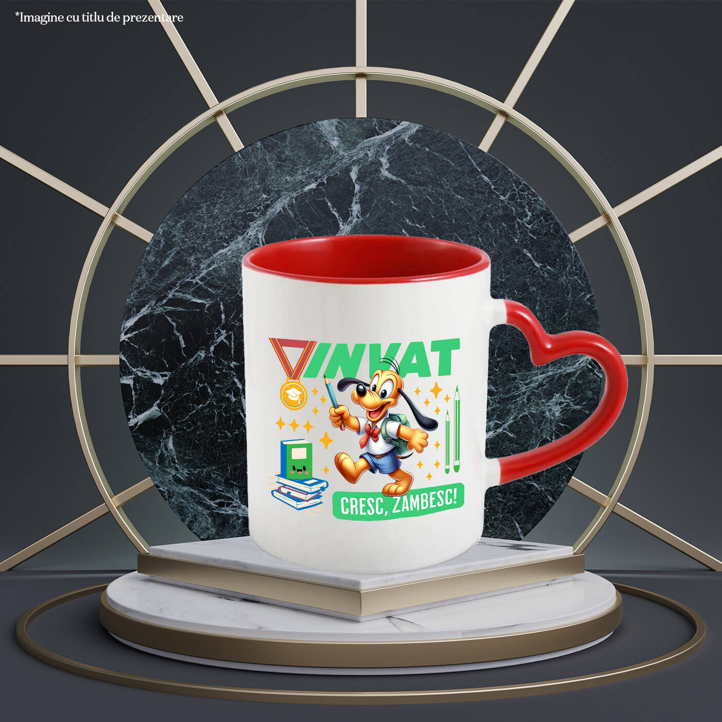 Cana Cu Pluto: Curaj, Invataturi Si Zambete Ceramica, 330ML, cu Maner Inima Rosie [1]