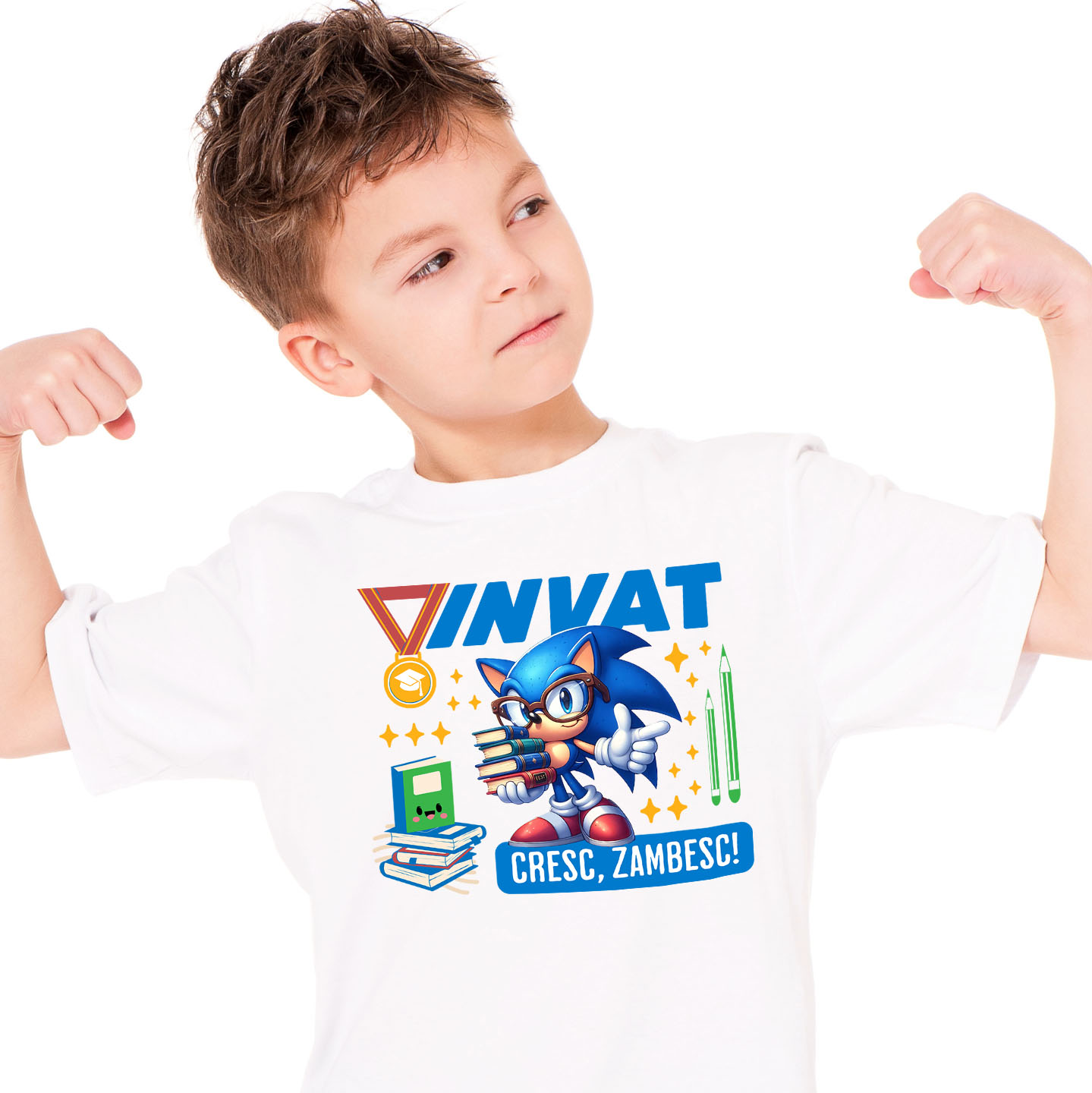 Educatie - Tricou Copii cu Sonic – Invatam, Zambim, Crestem 100% Bumbac, Alb, 8 Ani