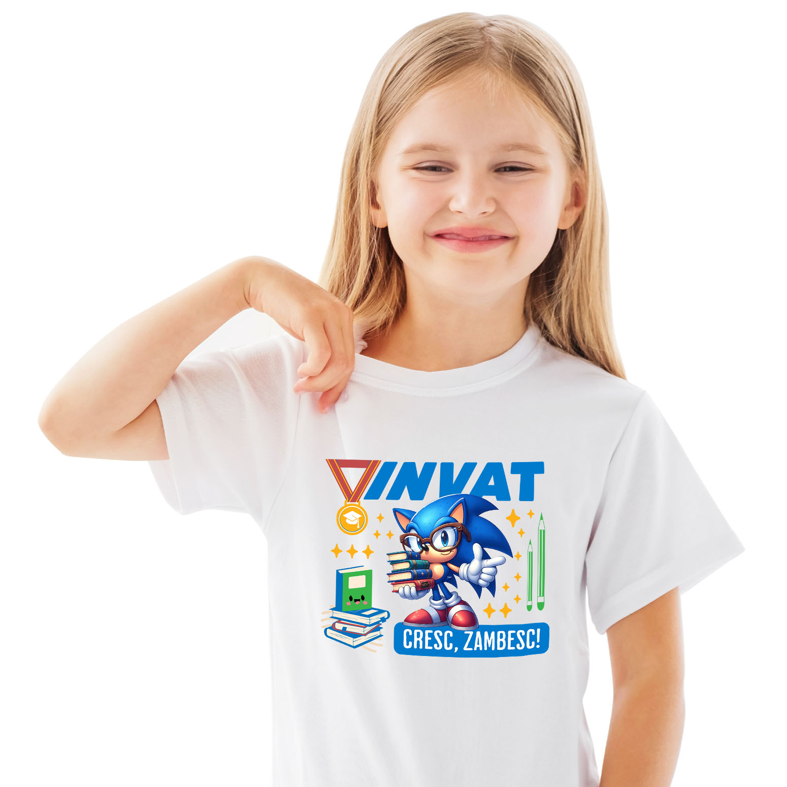 Tricou Copii cu Sonic – Invatam, Zambim, Crestem 100% Bumbac, Alb, 8 Ani [1]
