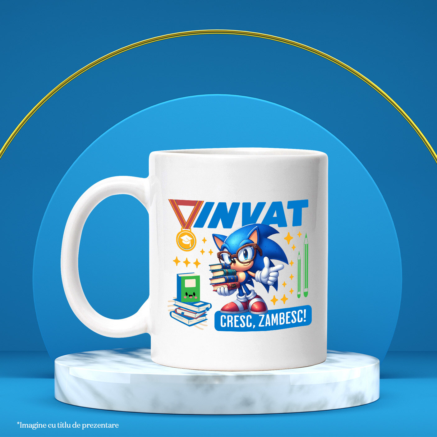 Cana Cu Sonic – Invatam, Zambim, Crestem Ceramica, 330ML, cu Maner Alb [2]