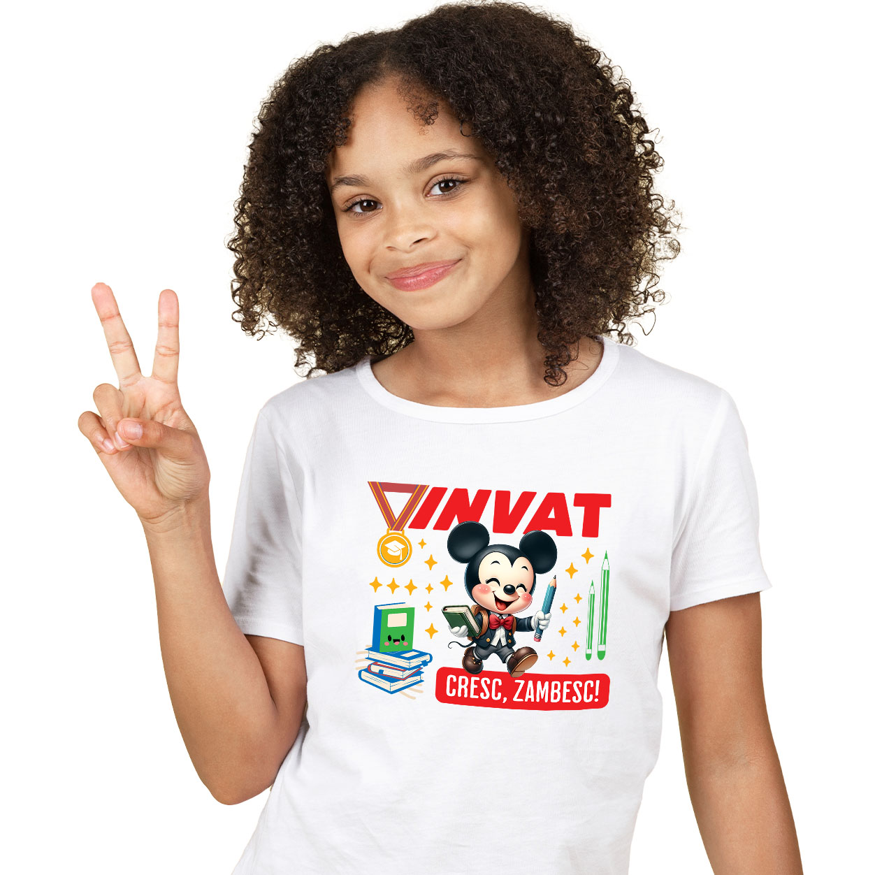 Tricou Copii cu Mickey Mouse – Invatam, Zambim, Crestem 100% Bumbac, Alb, 8 Ani [1]