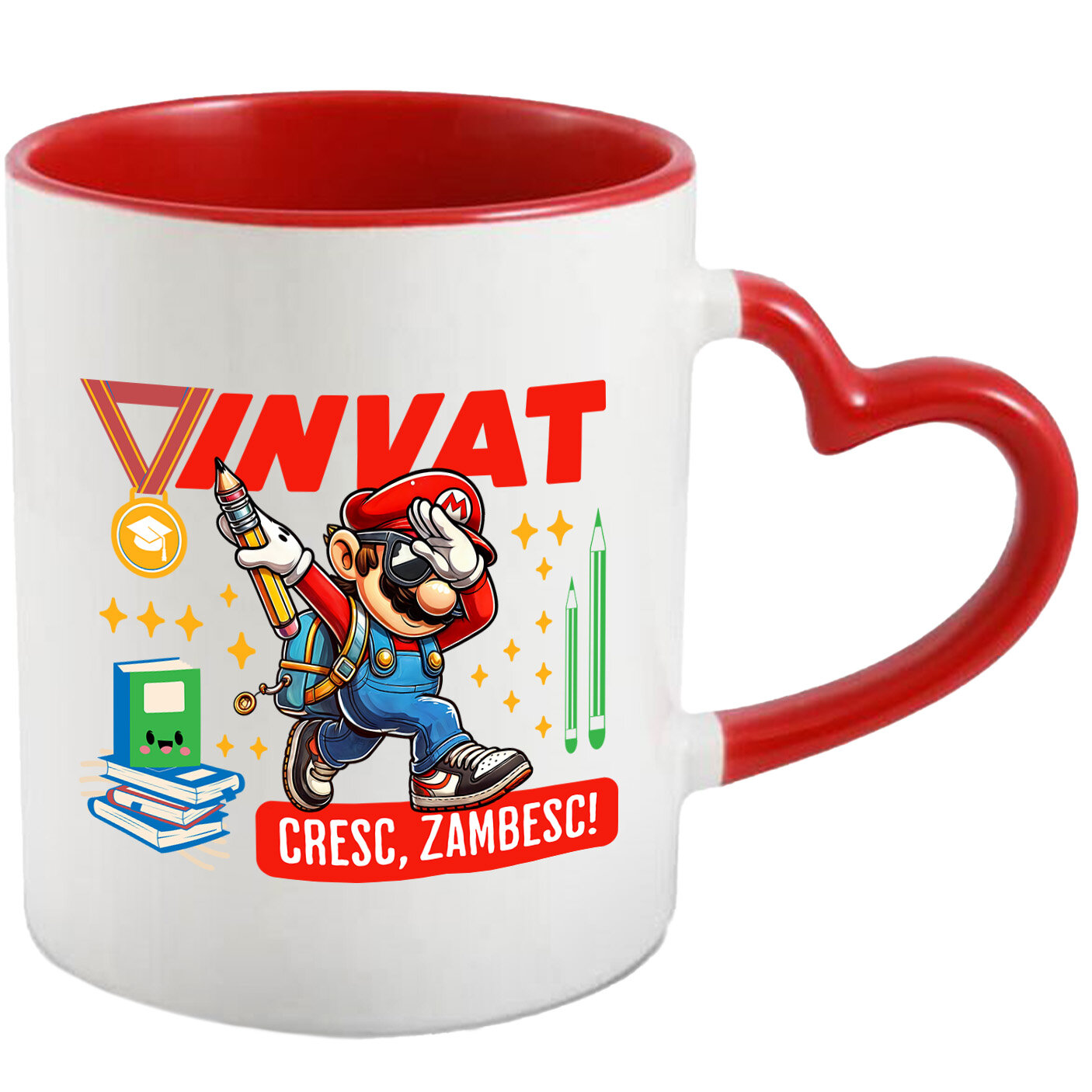 Lume Digitala - Cana Cu Cu Minecraft Invatam Si Zambim La Fiecare Pas Ceramica, 330ML, cu Maner Inima Rosie