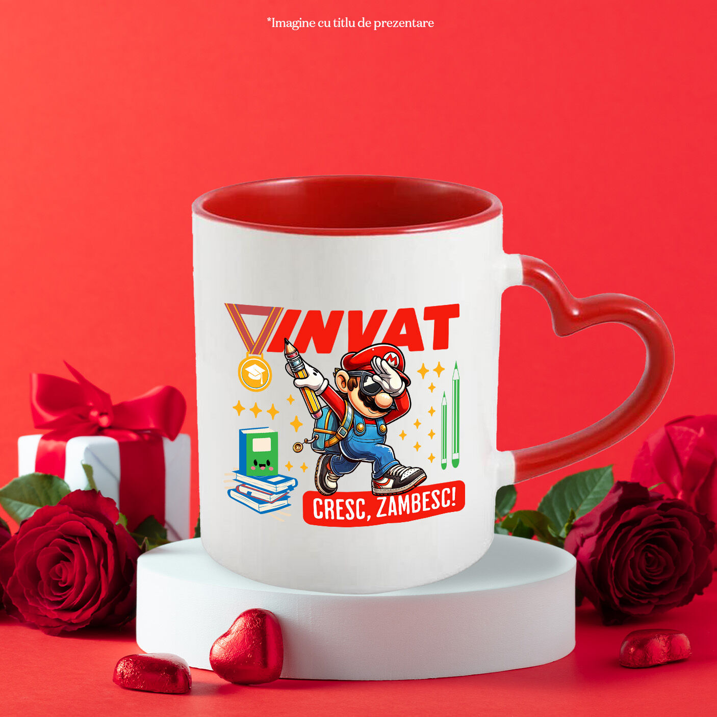 Cana Cu Cu Minecraft Invatam Si Zambim La Fiecare Pas Ceramica, 330ML, cu Maner Inima Rosie [2]