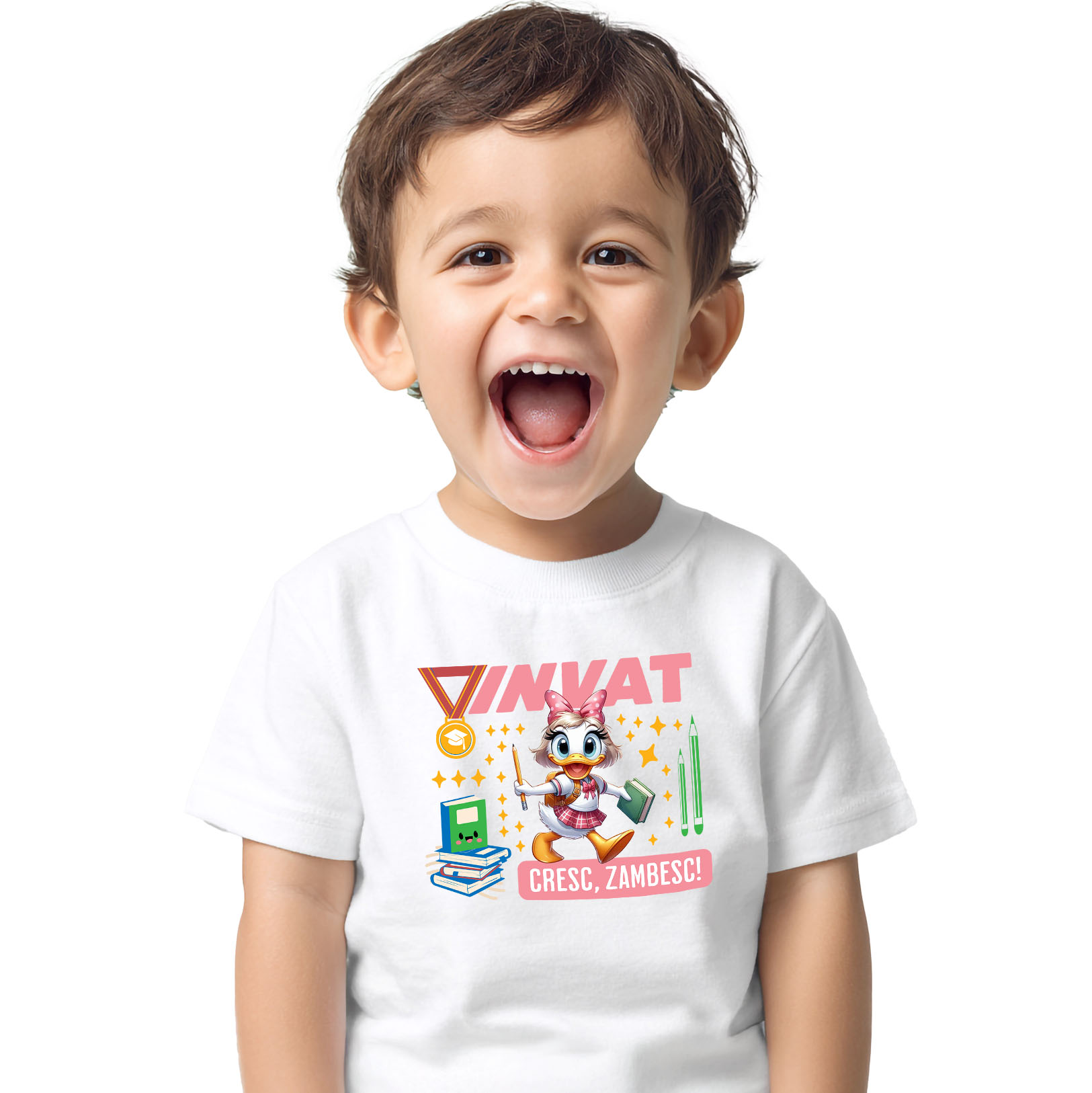 Tricou Copii cu Cu Daisy, Zambim Si Invatam Sa Fim Mai Buni 100% Bumbac, Alb, 6 Ani [1]