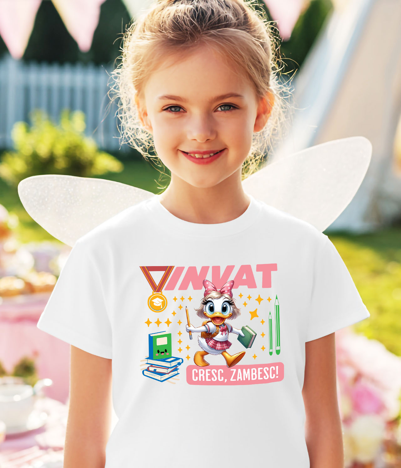 Tricou Copii cu Cu Daisy, Zambim Si Invatam Sa Fim Mai Buni 100% Bumbac, Alb, 6 Ani [2]