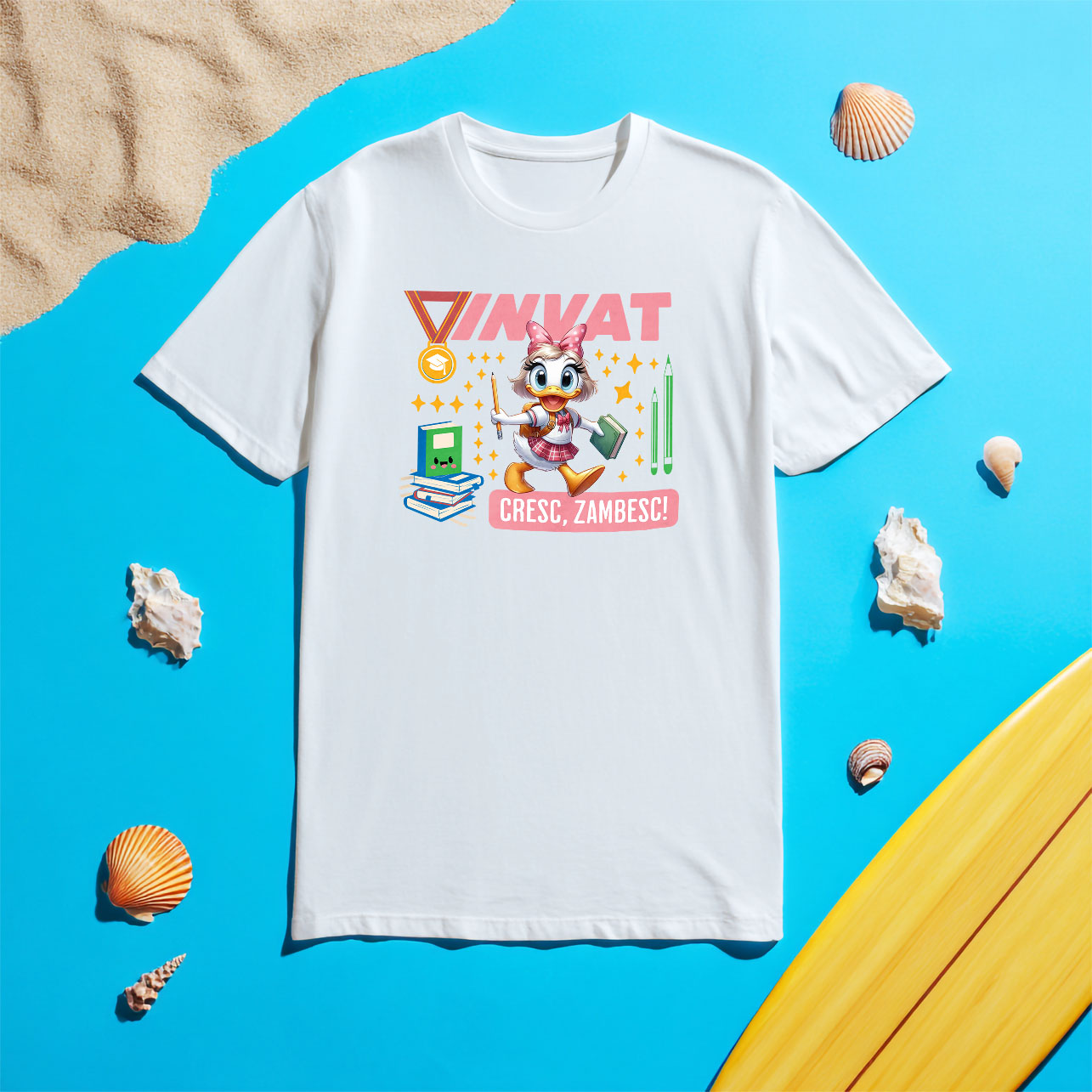 Tricou Copii cu Cu Daisy, Zambim Si Invatam Sa Fim Mai Buni 100% Bumbac, Alb, 6 Ani [4]