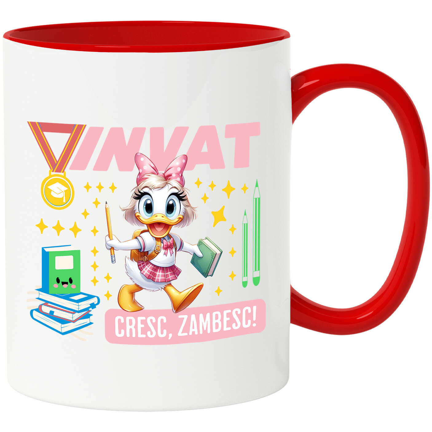 Desene Animate - Cana Cu Cu Daisy, Zambim Si Invatam Sa Fim Mai Buni Ceramica, 330ML, cu Maner Rosu