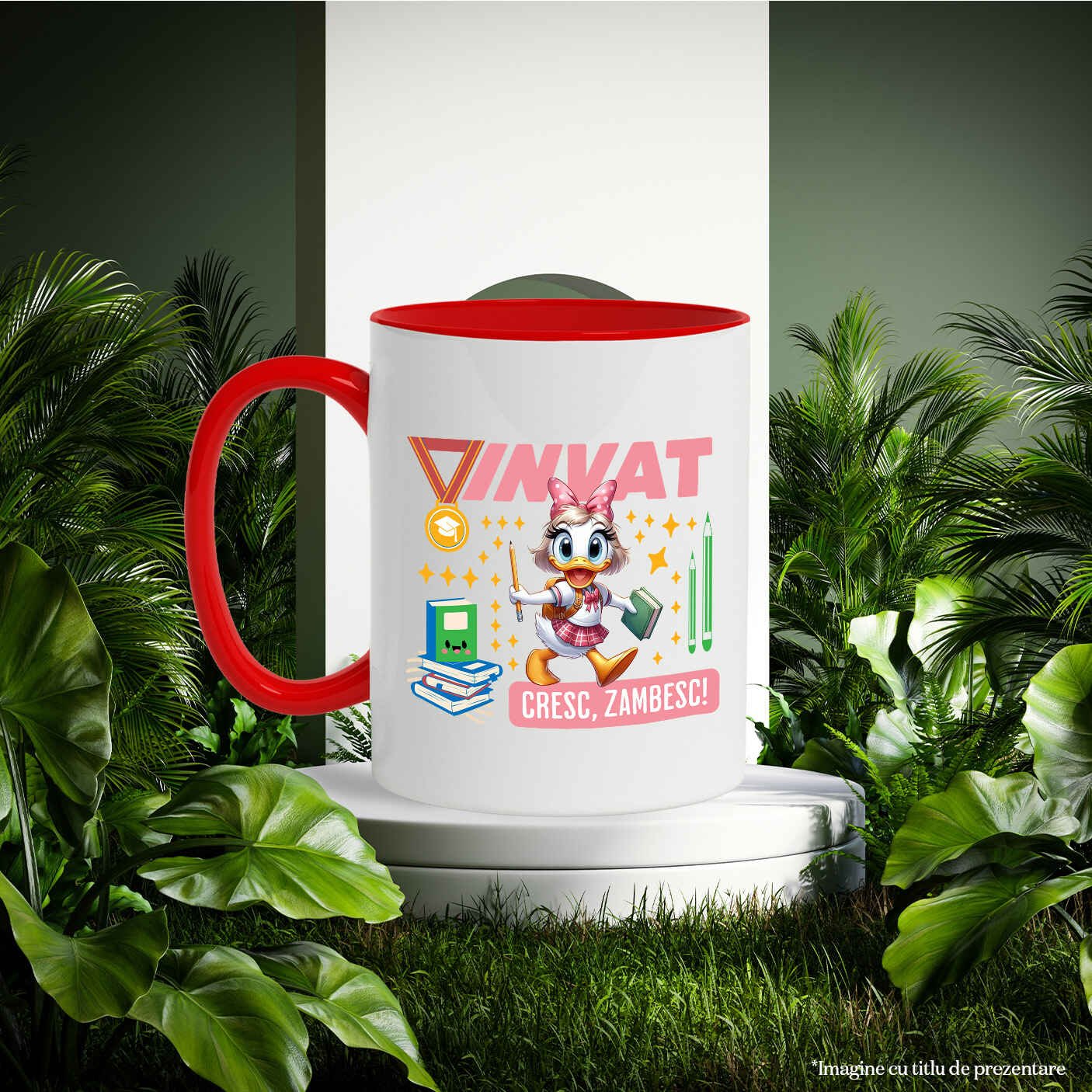 Cana Cu Cu Daisy, Zambim Si Invatam Sa Fim Mai Buni Ceramica, 330ML, cu Maner Rosu [2]