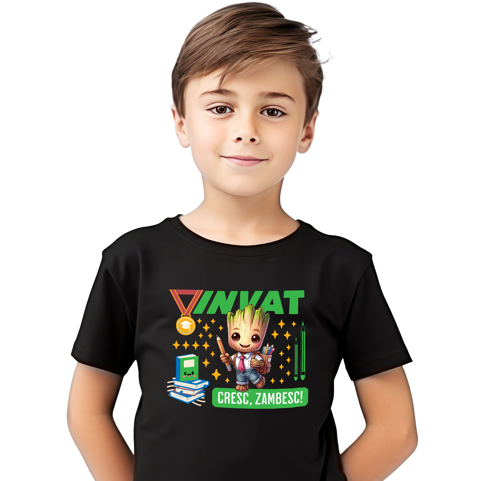 Educatie - Tricou Copii cu Groot Invatam, Zambim, Ne Dezvoltam 100% Bumbac, Negru, 6 Ani