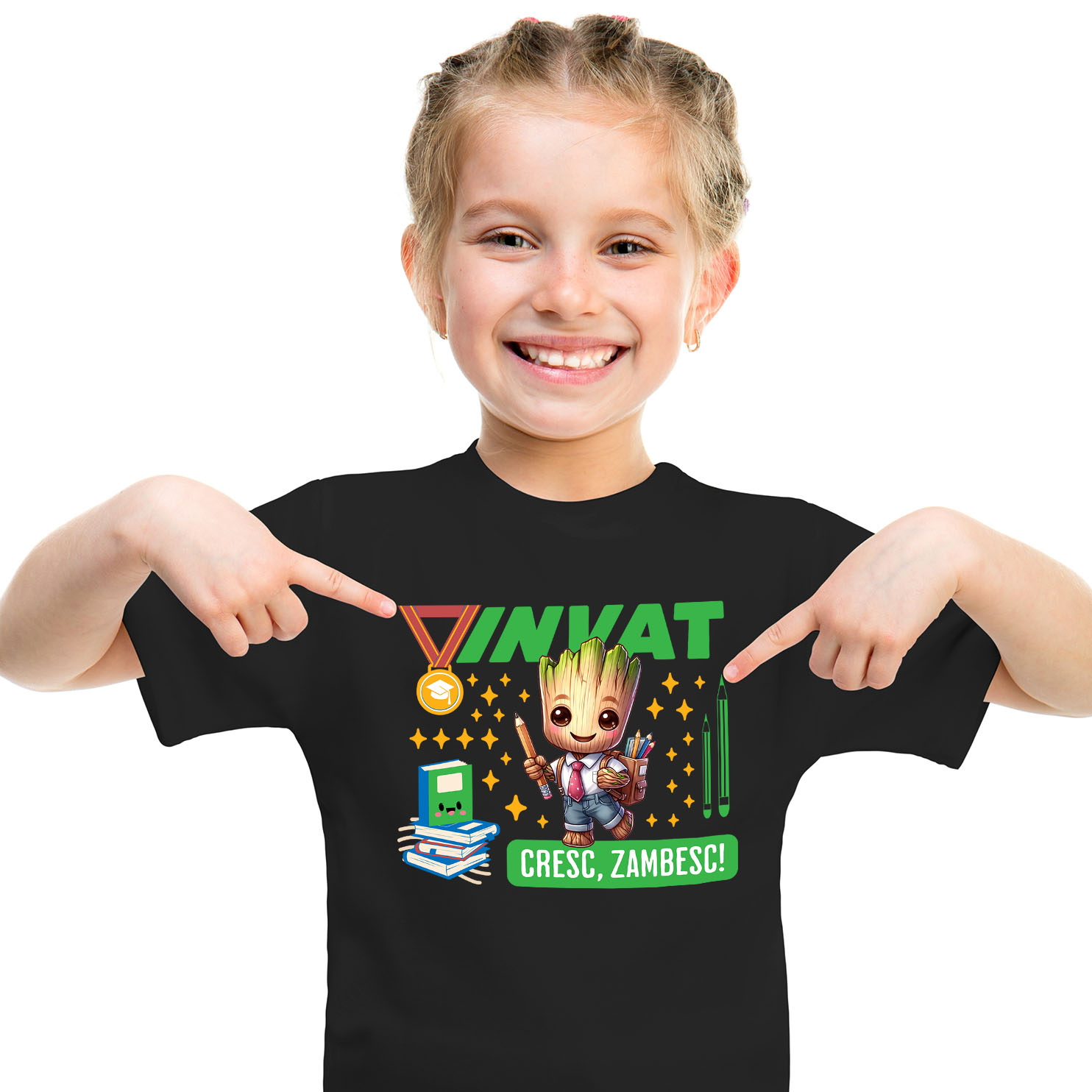 Tricou Copii cu Groot Invatam, Zambim, Ne Dezvoltam 100% Bumbac, Negru, 6 Ani [1]