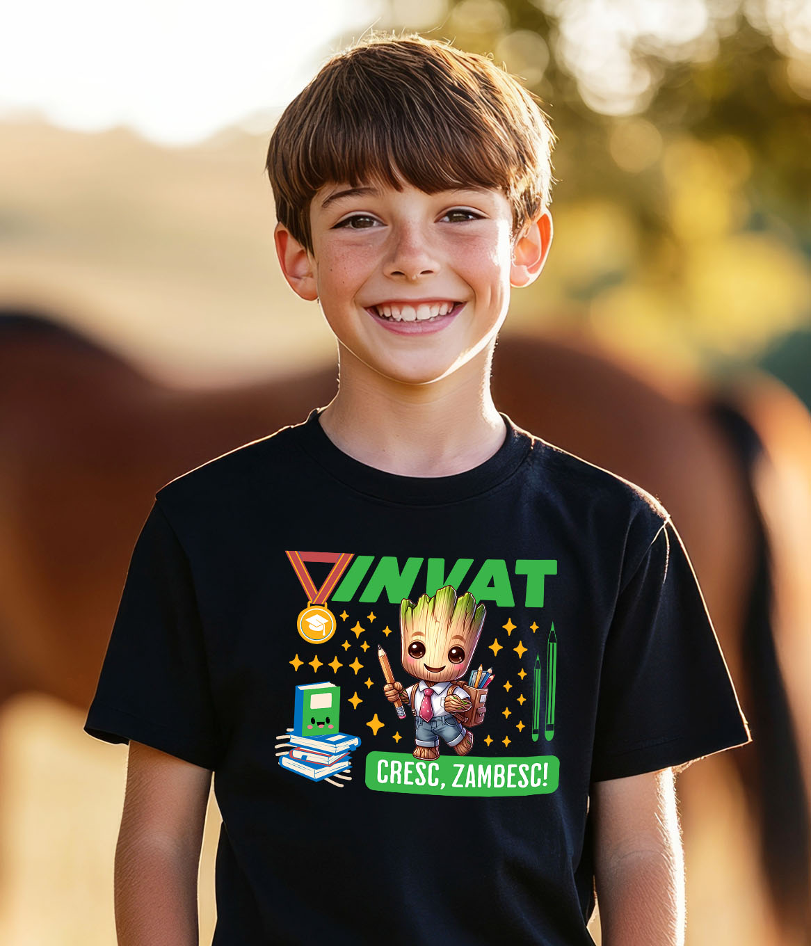 Tricou Copii cu Groot Invatam, Zambim, Ne Dezvoltam 100% Bumbac, Negru, 6 Ani [2]