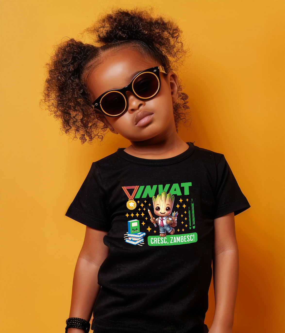 Tricou Copii cu Groot Invatam, Zambim, Ne Dezvoltam 100% Bumbac, Negru, 6 Ani [3]