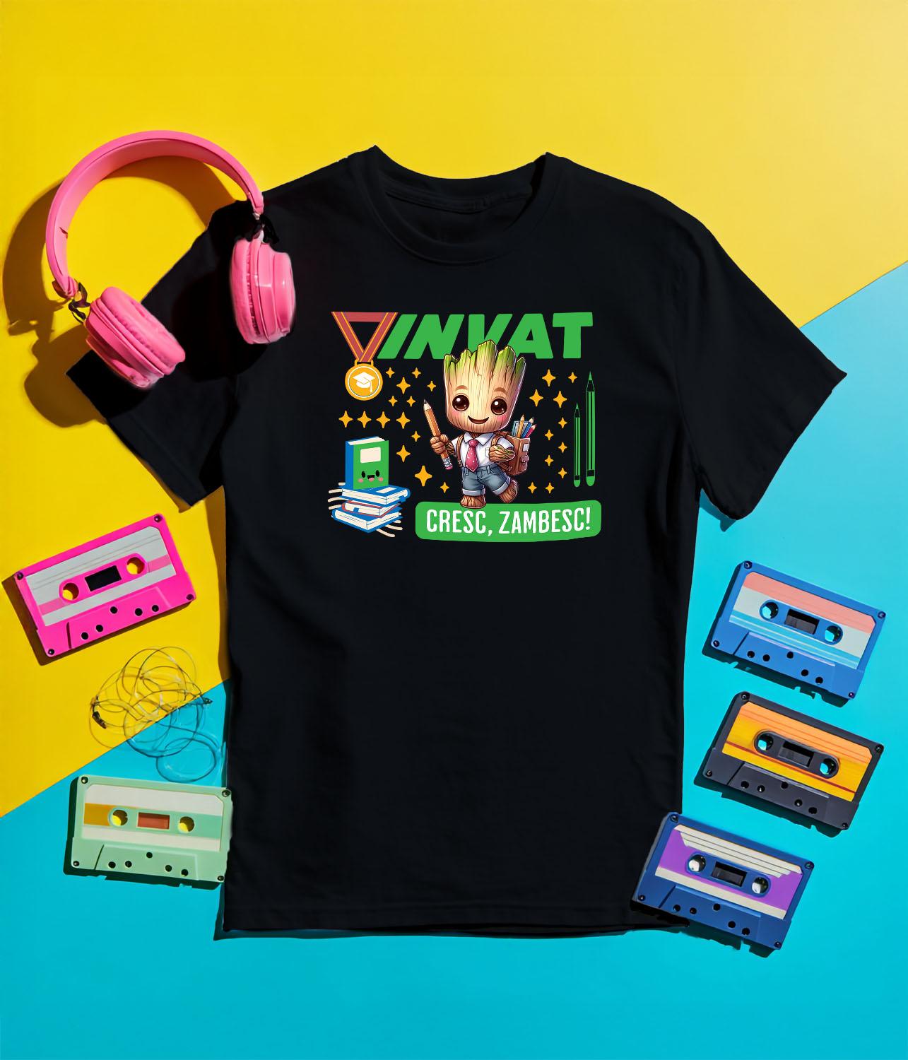 Tricou Copii cu Groot Invatam, Zambim, Ne Dezvoltam 100% Bumbac, Negru, 6 Ani [4]