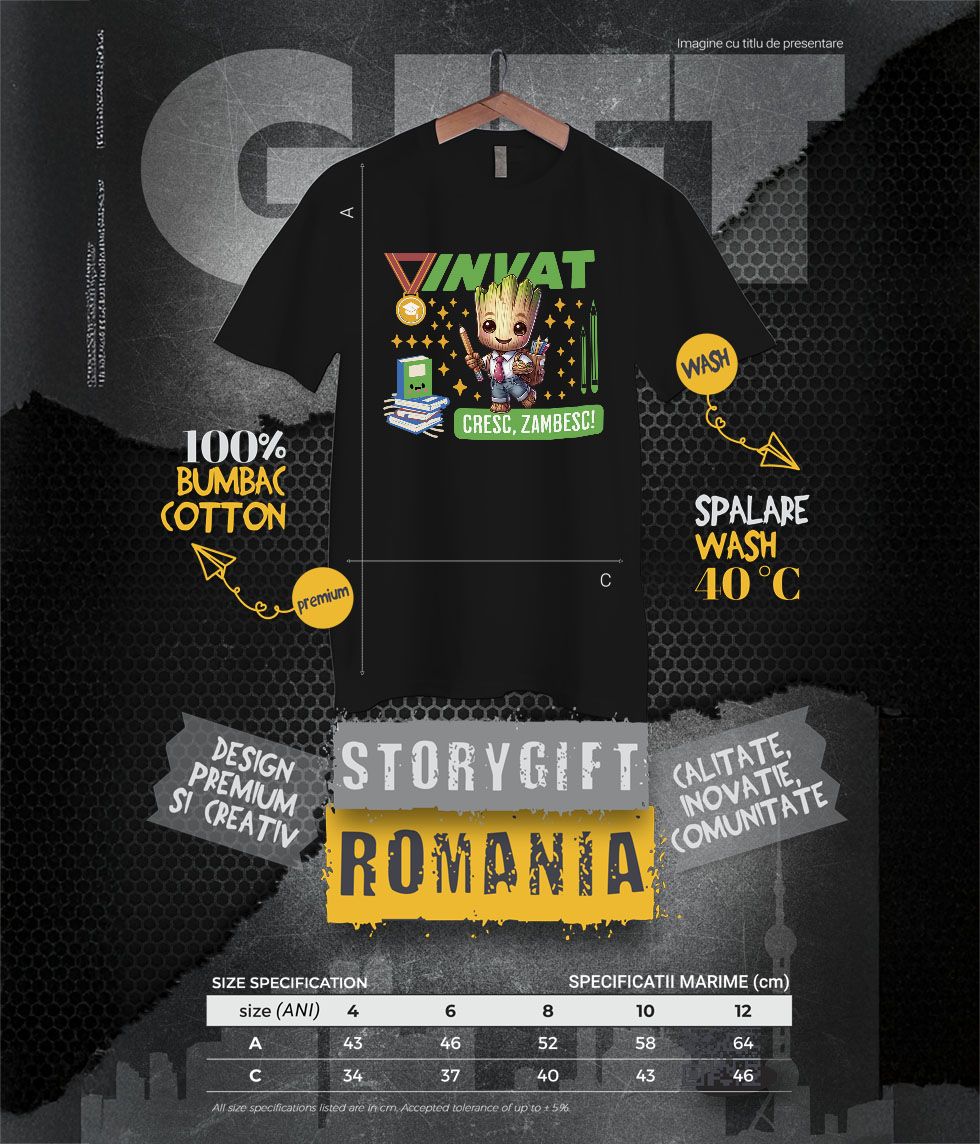 Tricou Copii cu Groot Invatam, Zambim, Ne Dezvoltam 100% Bumbac, Negru, 6 Ani [5]